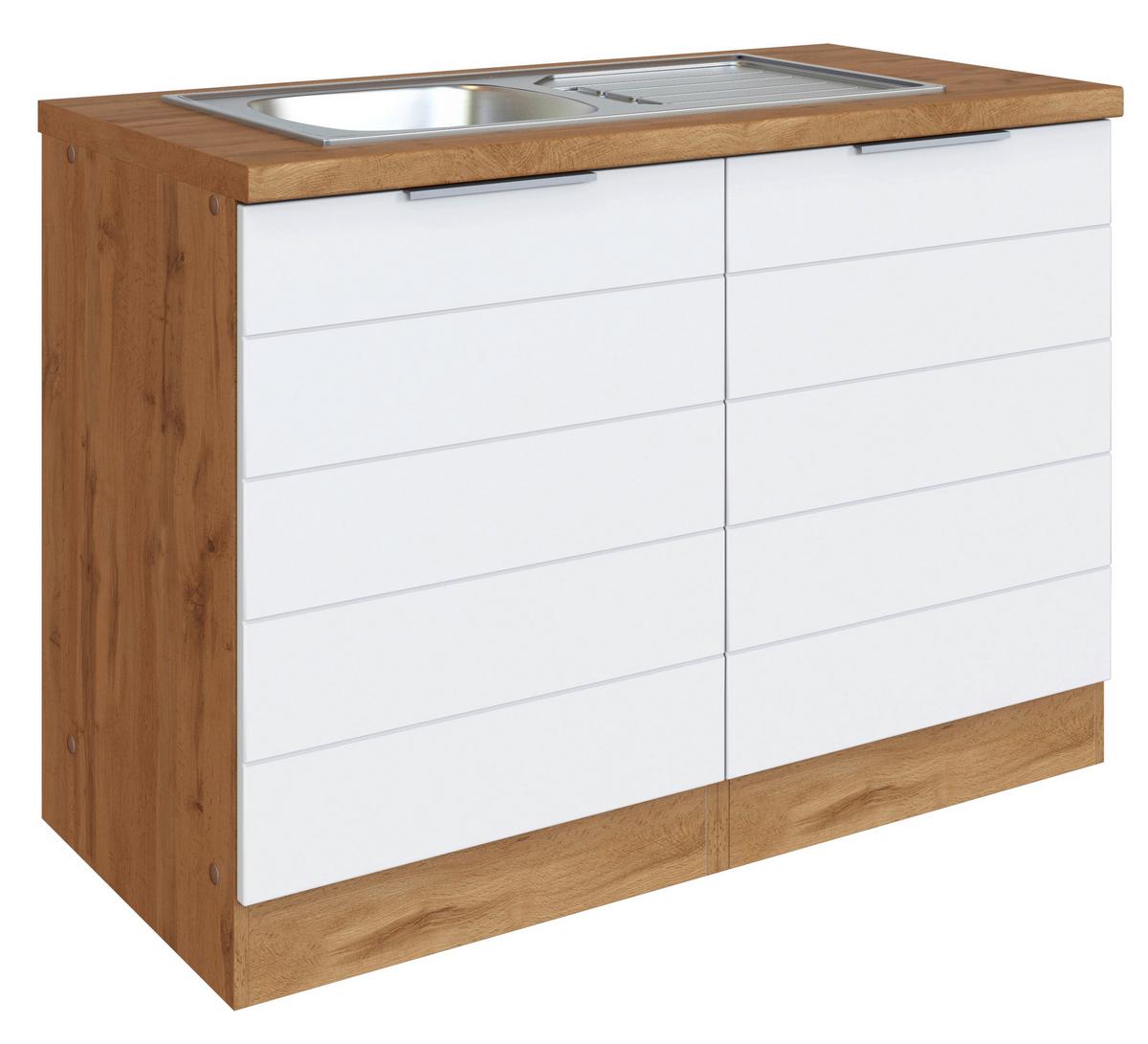 Spülenschrank Florenz mit Spüle ca. 120 cm Weiß/Eiche - Eiche Wotan/Weiß, Design, Holzwerkstoff/Metall (120/86/60cm) - Held