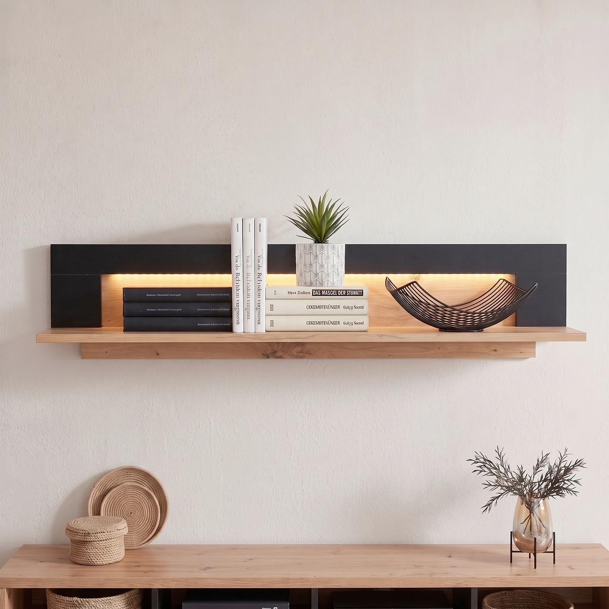 Zidna Polica Nyon - boje hrasta/crna, Moderno, drvni materijal (110/23/19,6cm) - Modern Living