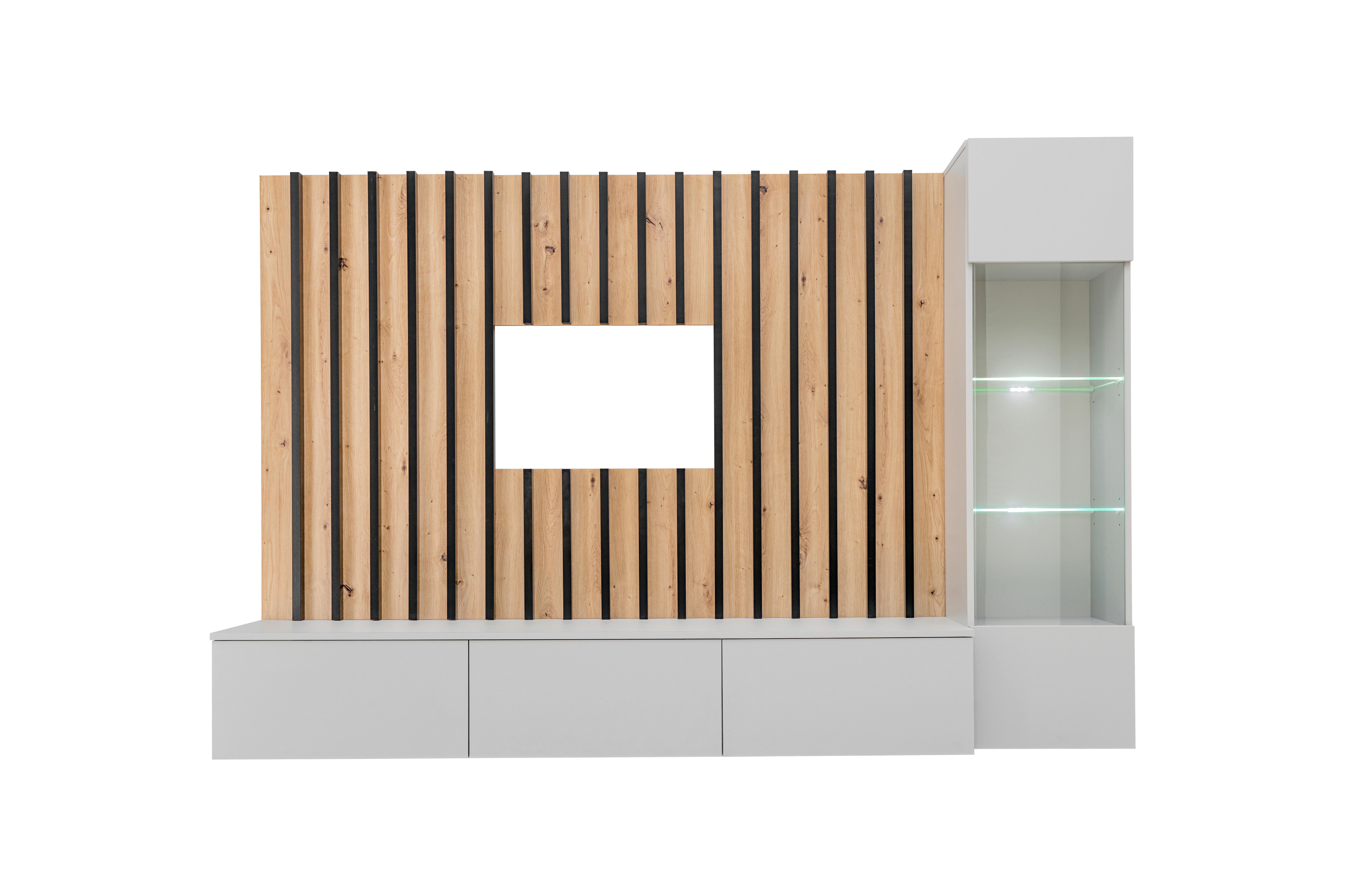 Wohnwand Verti Hellgrau/Eiche Artisan - Hellgrau/Eiche Artisan, MODERN, Glas/Holzwerkstoff (220/148/35cm) - P & B