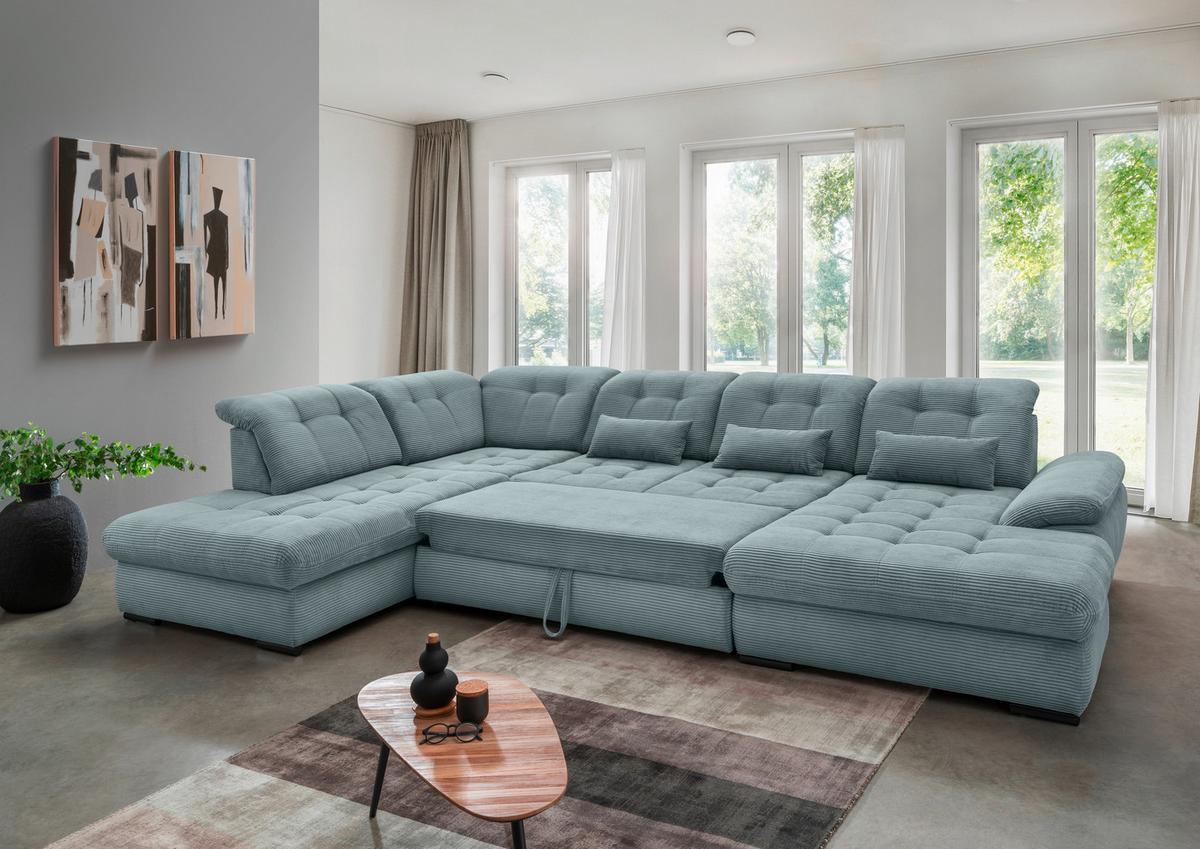 Wohnlandschaft Rigatti Hellblau Cord mit Bettkasten - Schwarz/Hellblau, MODERN, Textil/Metall (252/387/184cm) - Livetastic