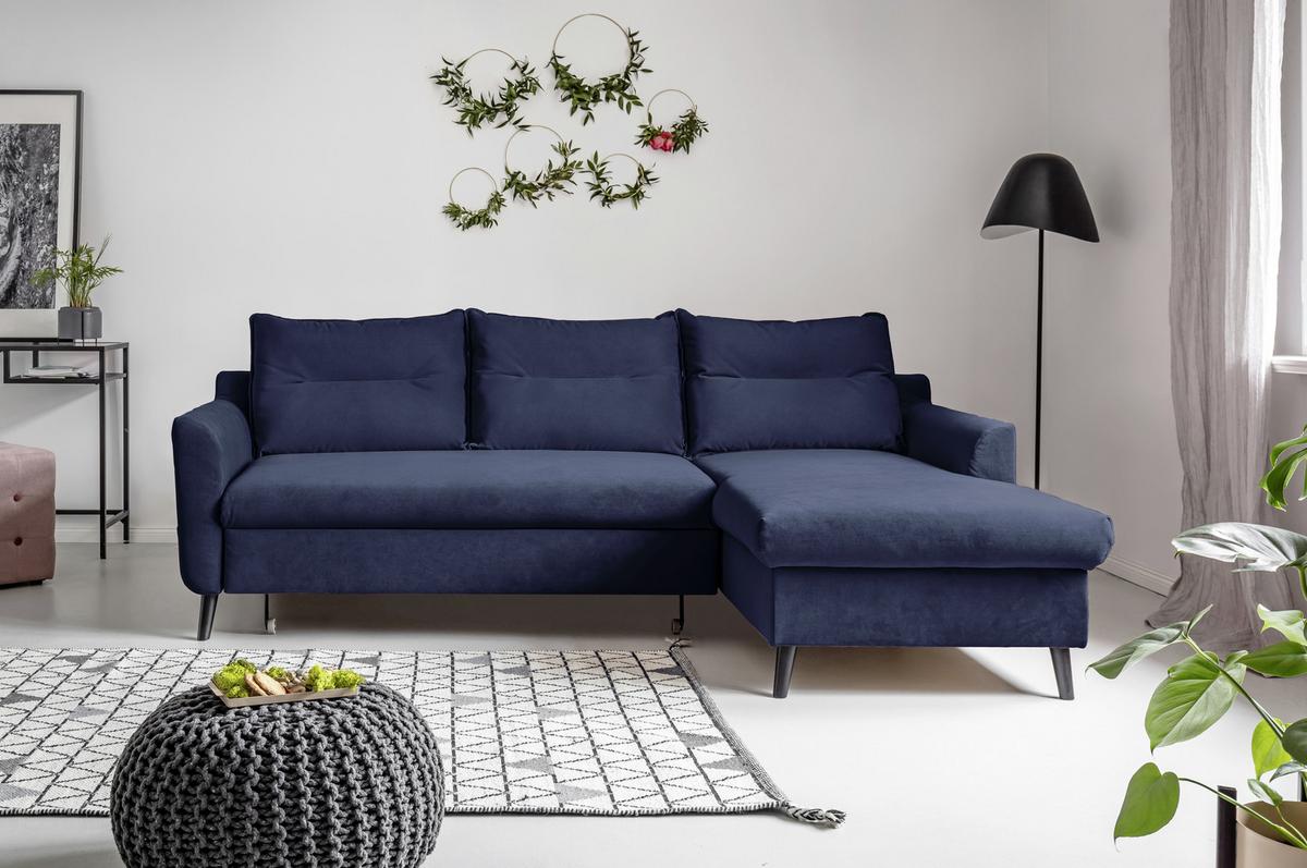Eckschlafsofa in Dunkelblau ´STYLISH STAN DUNKELBLAU´ - Schwarz/Dunkelblau, Basics, Holz/Textil (230/150cm) - MID.YOU