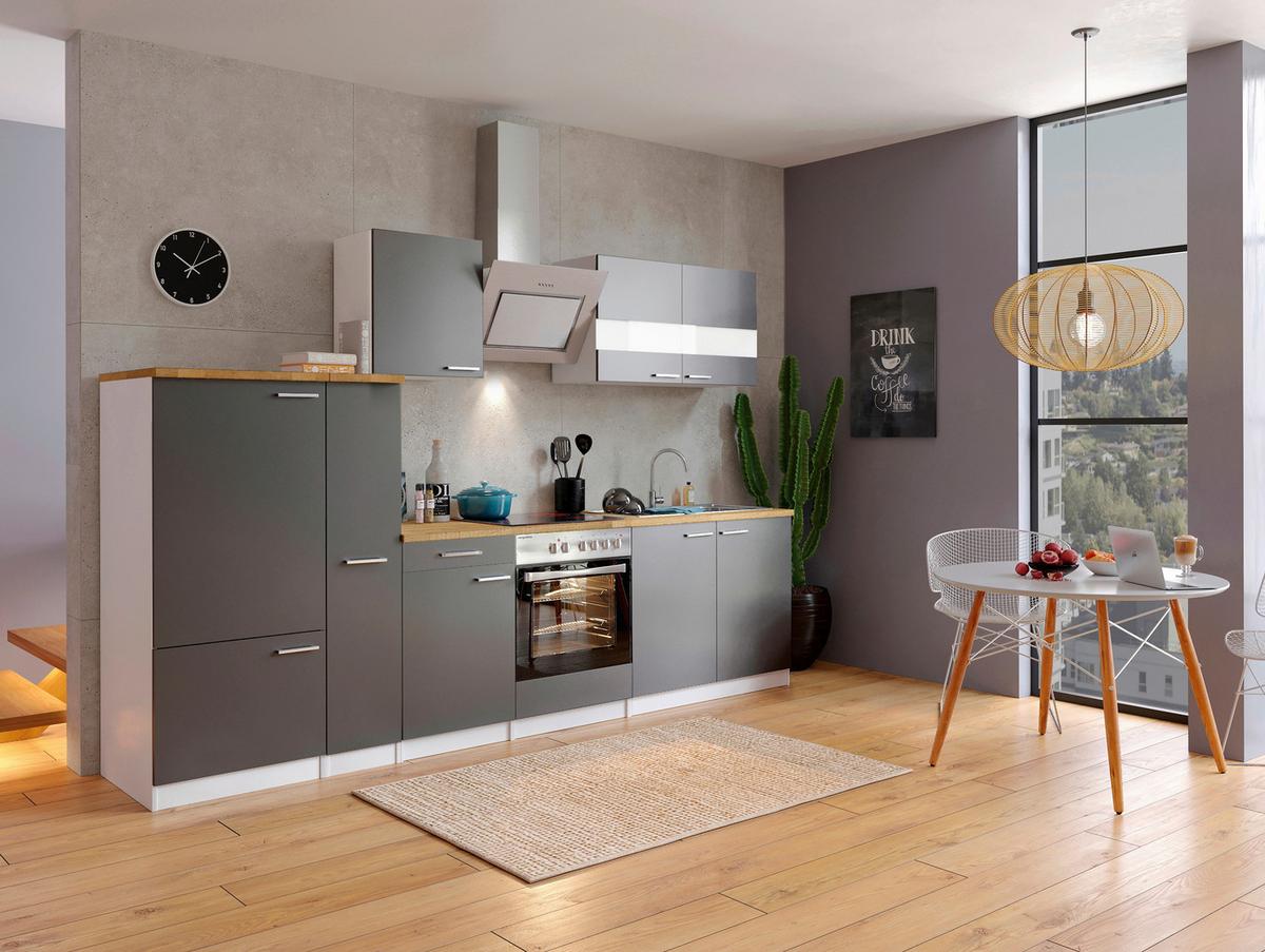 Küchenzeile Economy m. Geräten Grau/Nussbaum B: ca. 300 cm - Edelstahlfarben/Nussbaumfarben, Basics, Holzwerkstoff/Metall (300cm) - Respekta