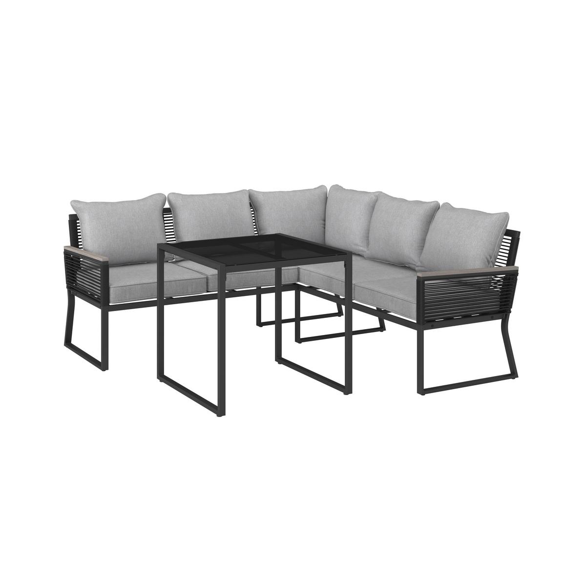 Dining-Loungeset Paulina Hellgr. Metall/Textil +Abdeck. - Hellgrau/Schwarz, Modern, Glas/Kunststoff (181/73/65cm) - Bessagi Garden