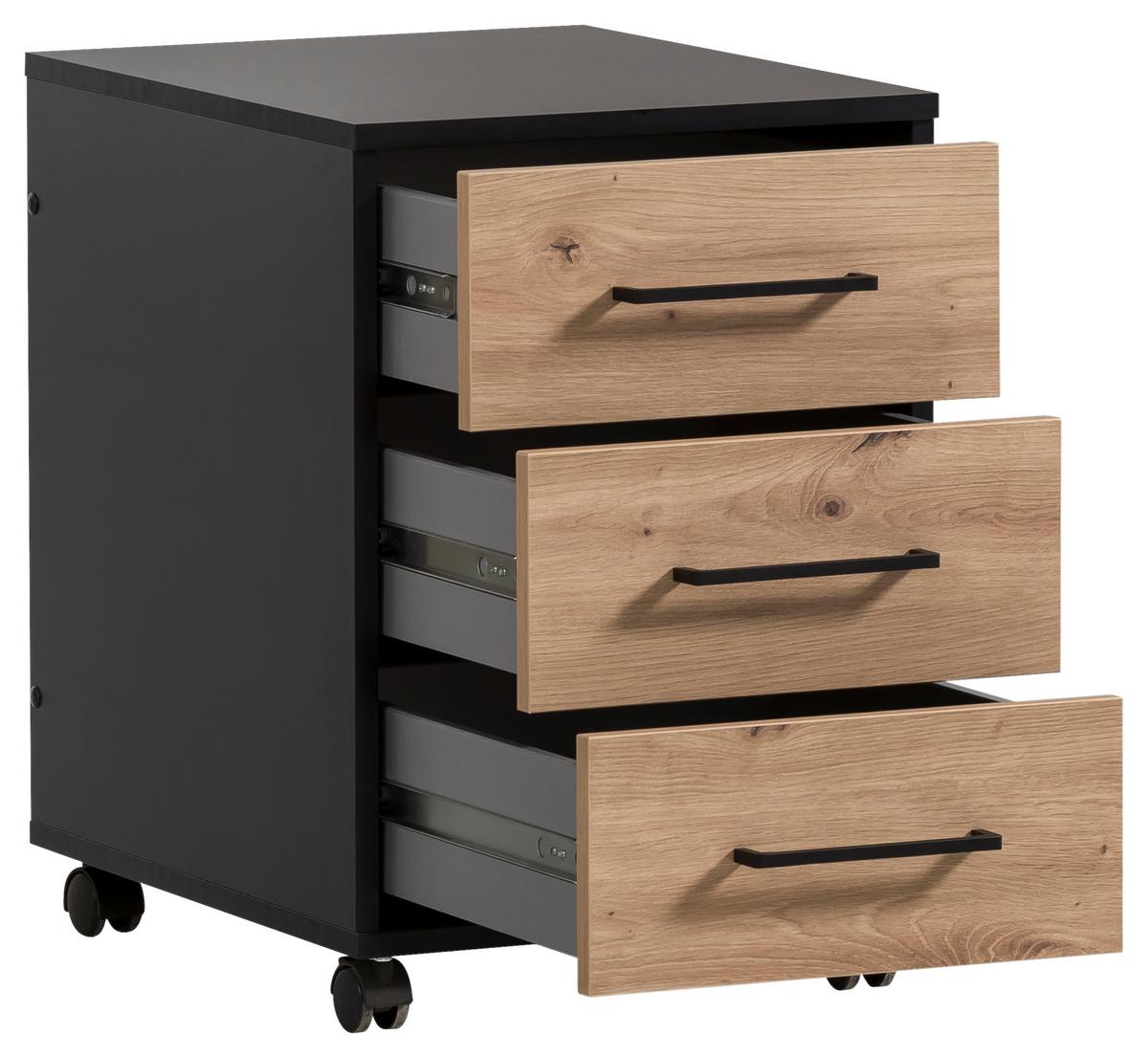 Rollcontainer Aino Schwarz/Eiche Artisan - Schwarz/Eiche Artisan, MODERN, Holzwerkstoff/Kunststoff (40,1/57/50cm) - MID.YOU