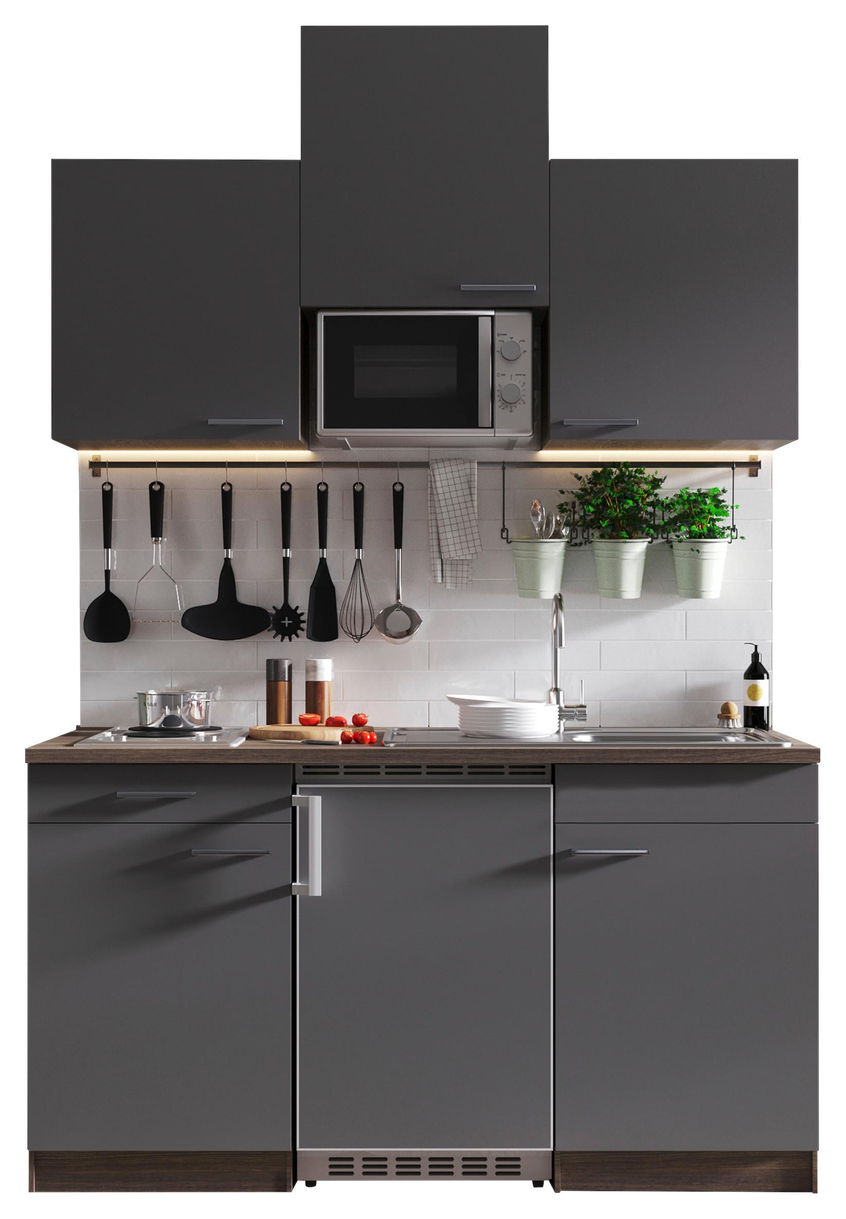 Miniküche Oliver mit Geräten ca. 150 cm Grau - Eichefarben/Alufarben, Basics, Holzwerkstoff/Kunststoff (150cm) - Respekta