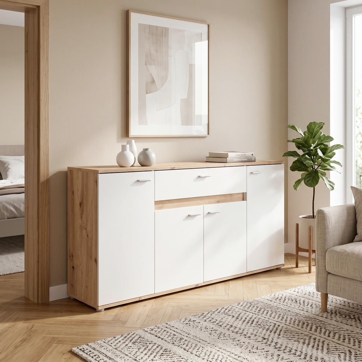 Comodă Carmen - alb/culoare lemn stejar, Trend, material pe bază de lemn (160/80/35cm) - Modern Living