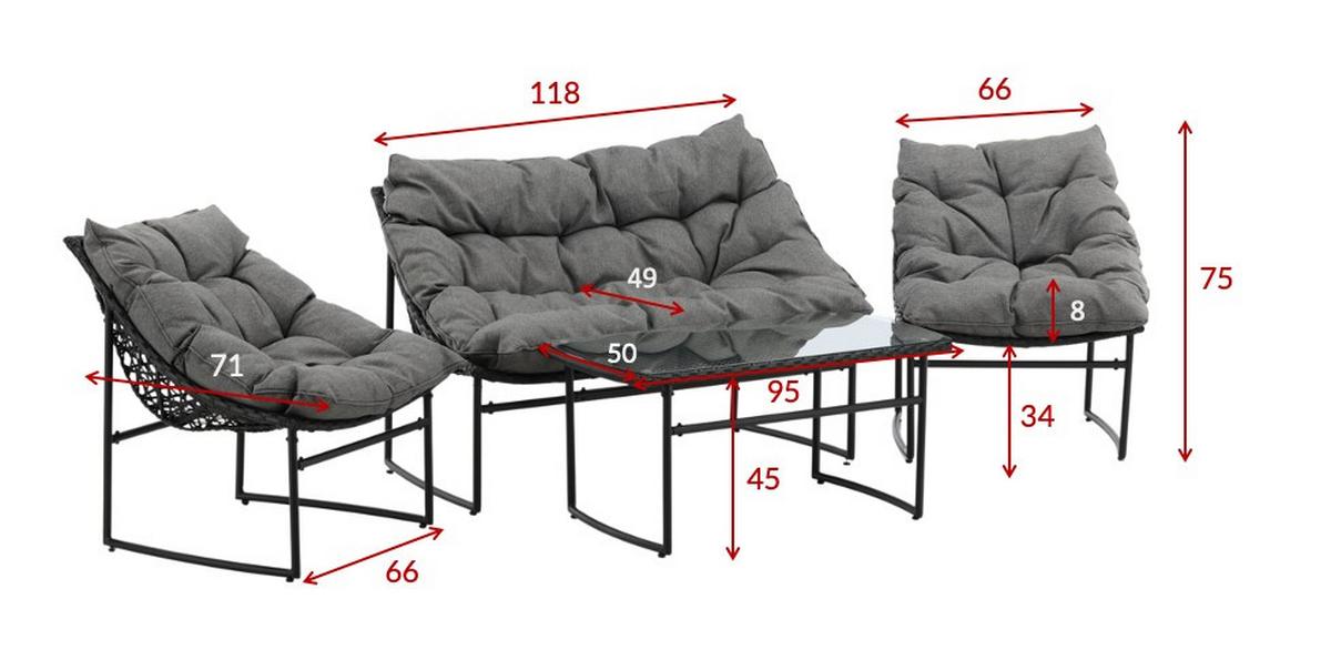 Loungegarnitur Tina 4-tlg. Grau/Schwarz - Schwarz/Grau, KONVENTIONELL, Kunststoff/Textil - Gardenson