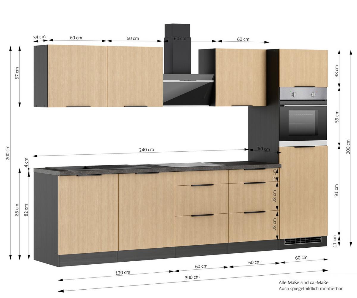 Küchenblock Glasgow m. Geräten Graphit/Eiche - Eichefarben/Graphitfarben, LIFESTYLE, Holzwerkstoff/Metall (300cm) - Held