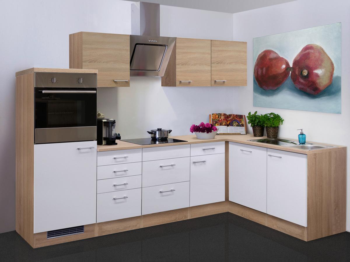 Eckküche Samoa m. Geräte ca. 280x170cm Weiß/Eichefarben - Alufarben/Weiß, MODERN, Holzwerkstoff/Kunststoff (280/170cm) - FlexWell