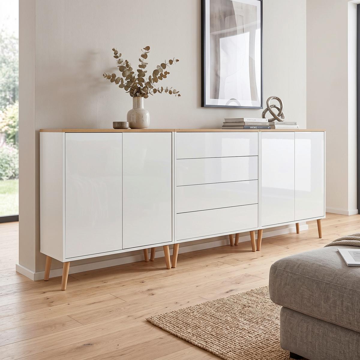 Sideboard Mailand Set 5 Weiß/Eiche - Weiß Hochglanz/Weiß, MODERN, Holz/Holzwerkstoff (237/86/33cm) - MID.YOU