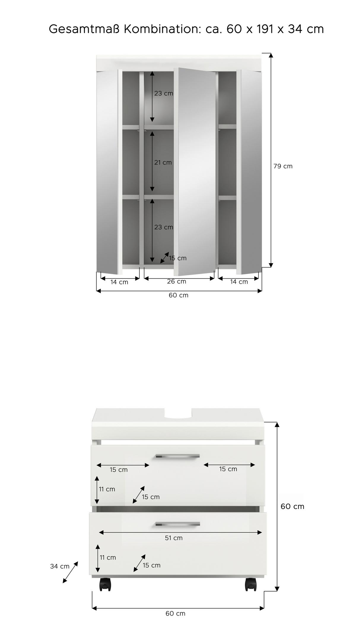 Badezimmer Scout Weiß/Weiß Hochglanz 2-teilig - Weiß Hochglanz/Silberfarben, Trend, Glas/Holzwerkstoff (60cm) - MID.YOU