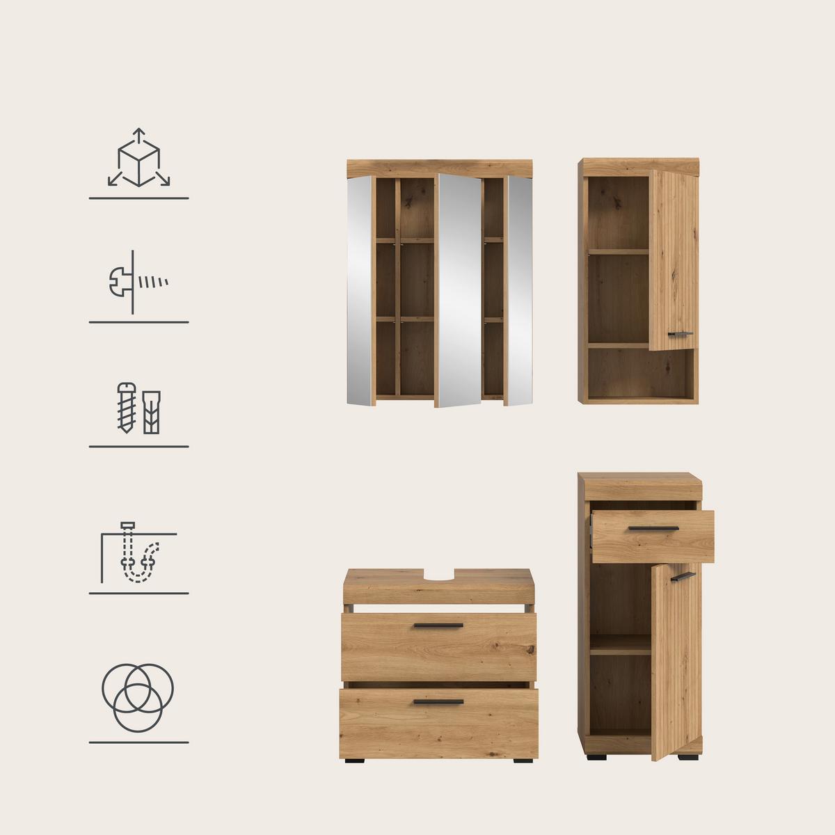 Badezimmer Scout Eiche Artisan 4-teilig - Schwarz/Eiche Artisan, Trend, Glas/Holzwerkstoff (97cm) - MID.YOU