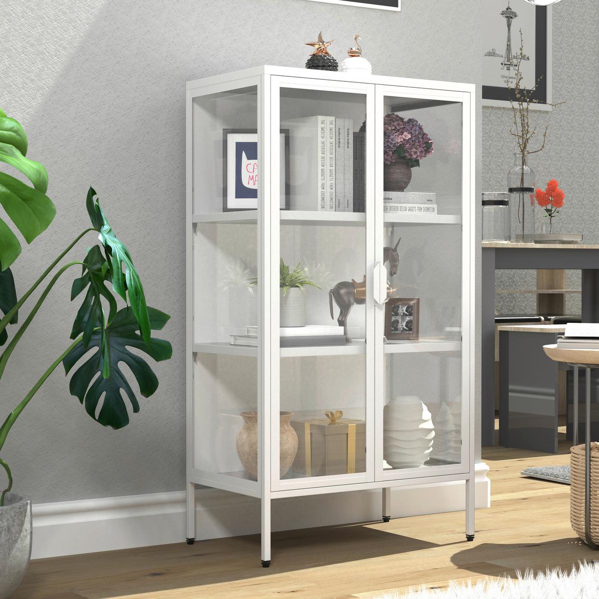 Vitrina Floka M, Bela - bela/prosojno, Design, kovina/steklo (60/110/35cm) - MID.YOU