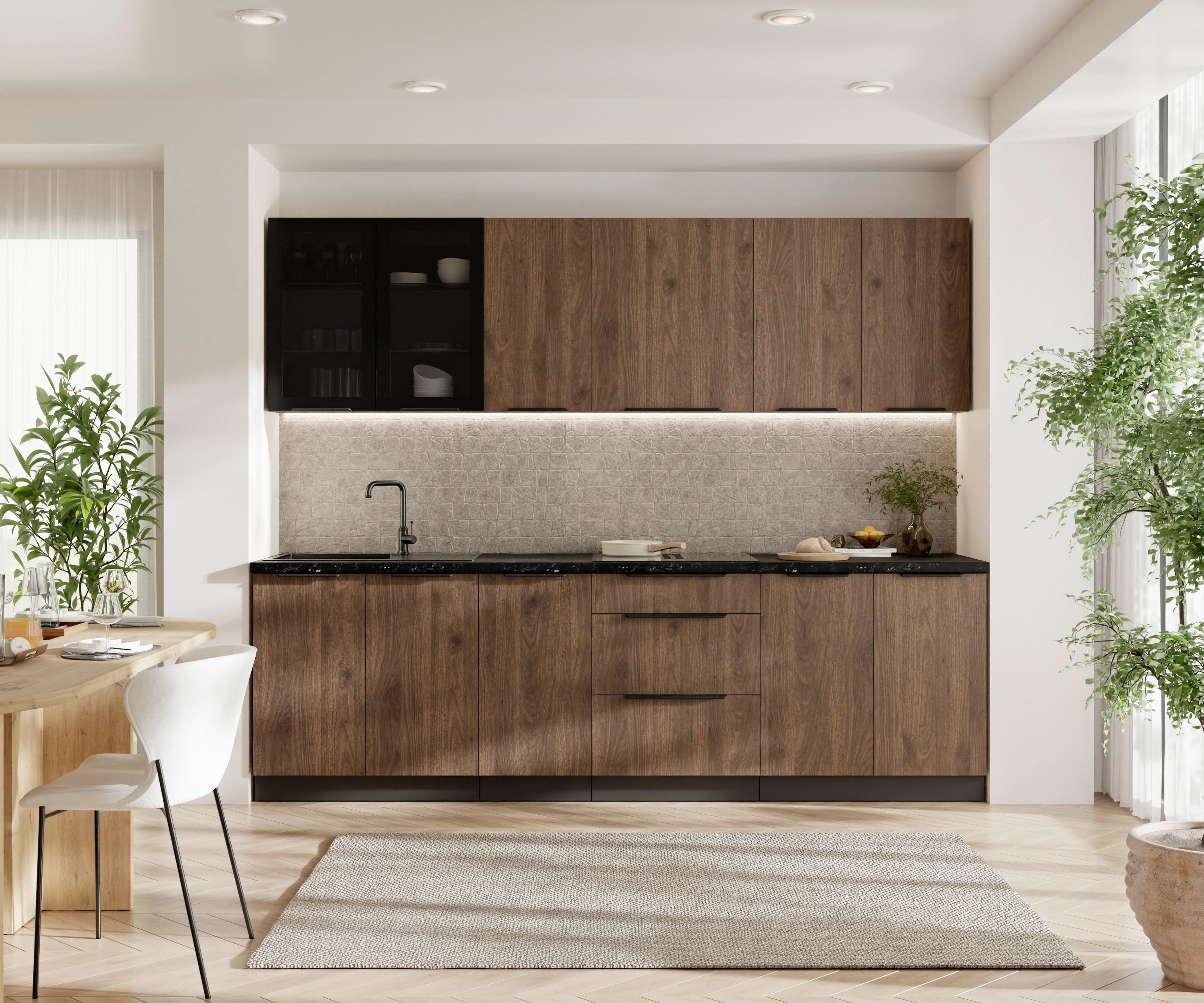 Blok Kuhinja Monza - boja orahovog drveta/crna, Moderno, staklo/metal (260/210/60cm) - Modern Living