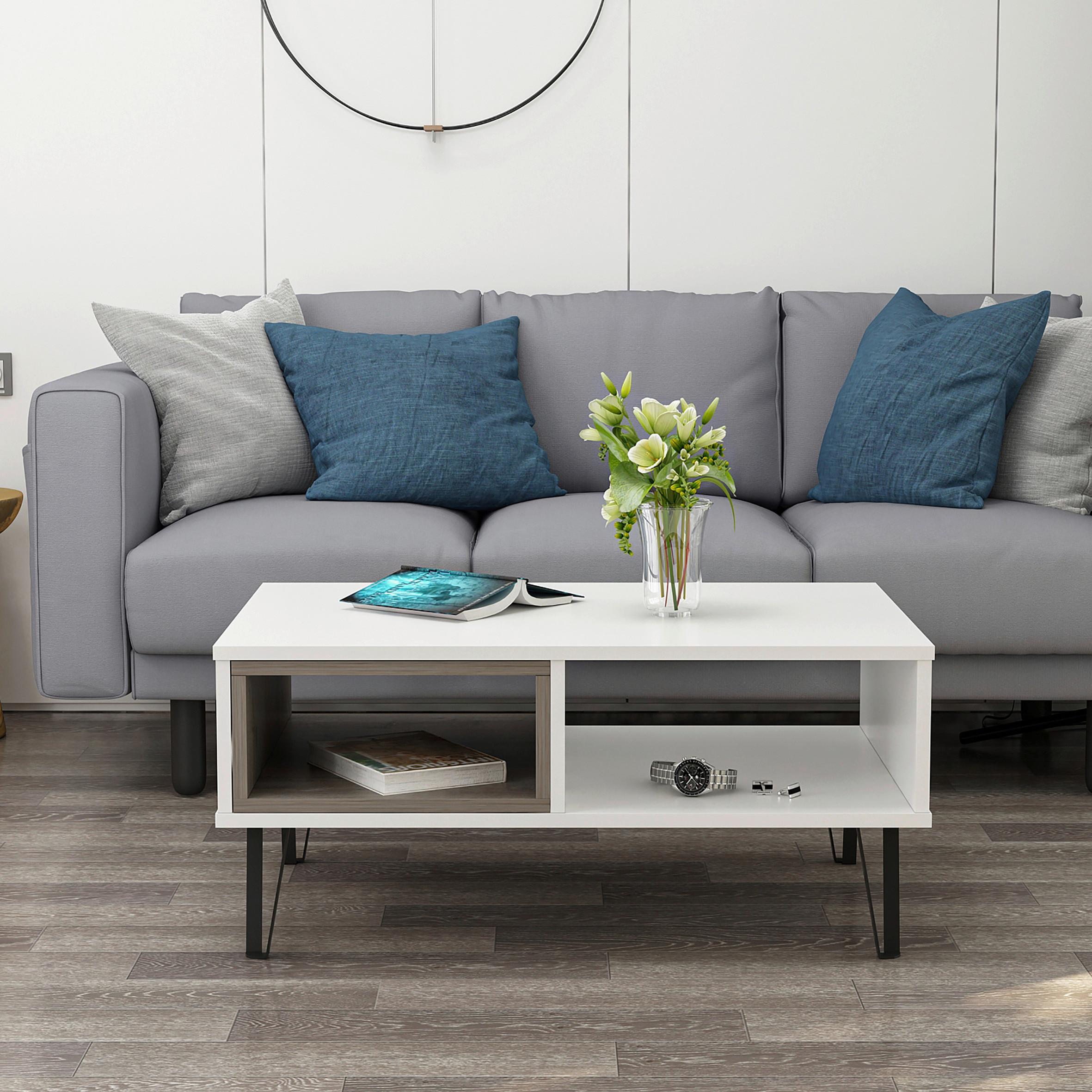 Couchtisch "Mendoz", Weiß, Eiche dunkel - Schwarz/Weiß, Design, Holzwerkstoff/Metall (90/60/41,1cm) - Livetastic
