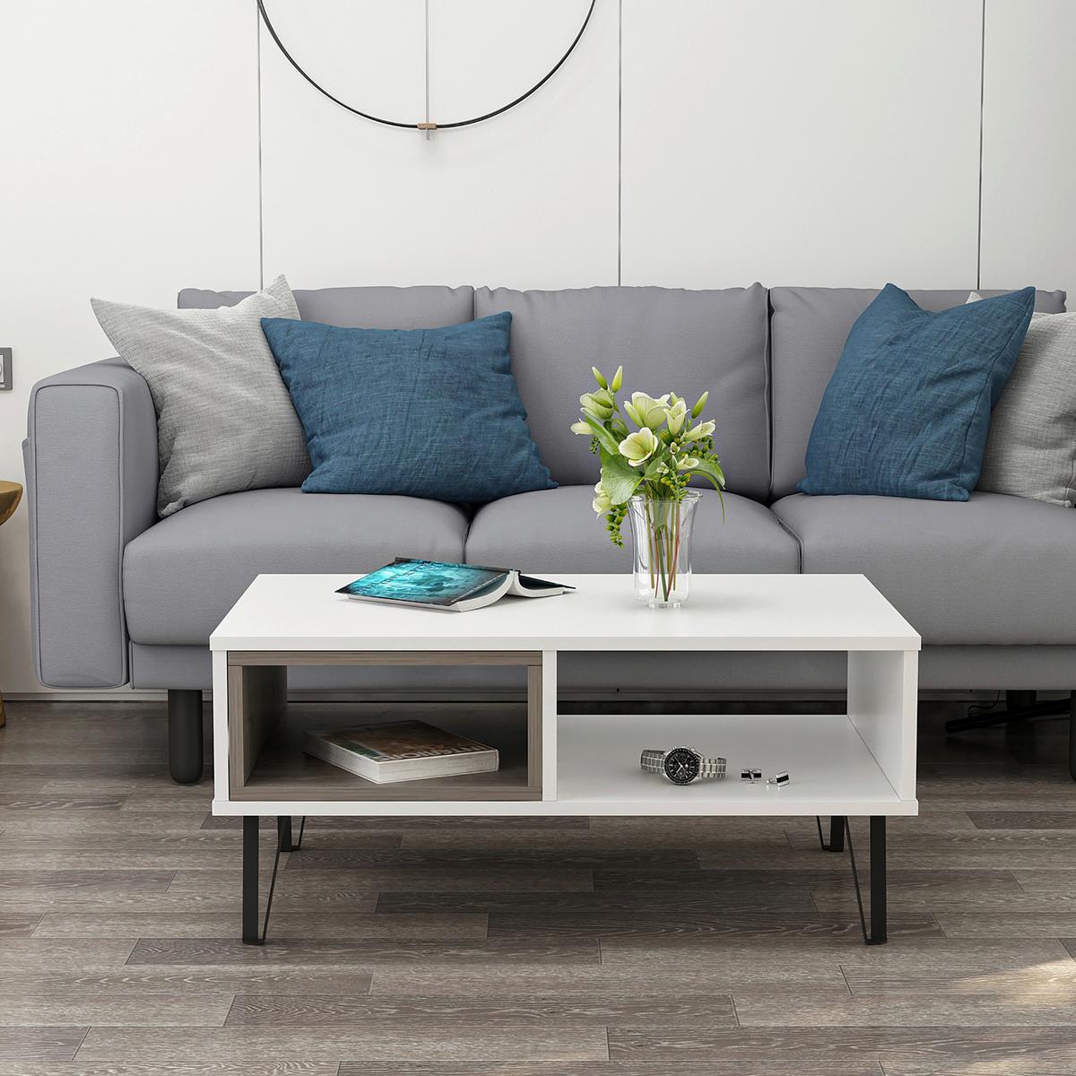 Couchtisch "Mendoz" Weiß, Eiche dunkel - Schwarz/Weiß, Design, Holzwerkstoff/Metall (90/60/41,1cm) - Livetastic