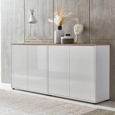 Sideboard Mailand Set 2 Weiß/Eiche - Weiß Hochglanz/Schwarz, MODERN, Holzwerkstoff/Kunststoff (158/73/33cm) - MID.YOU