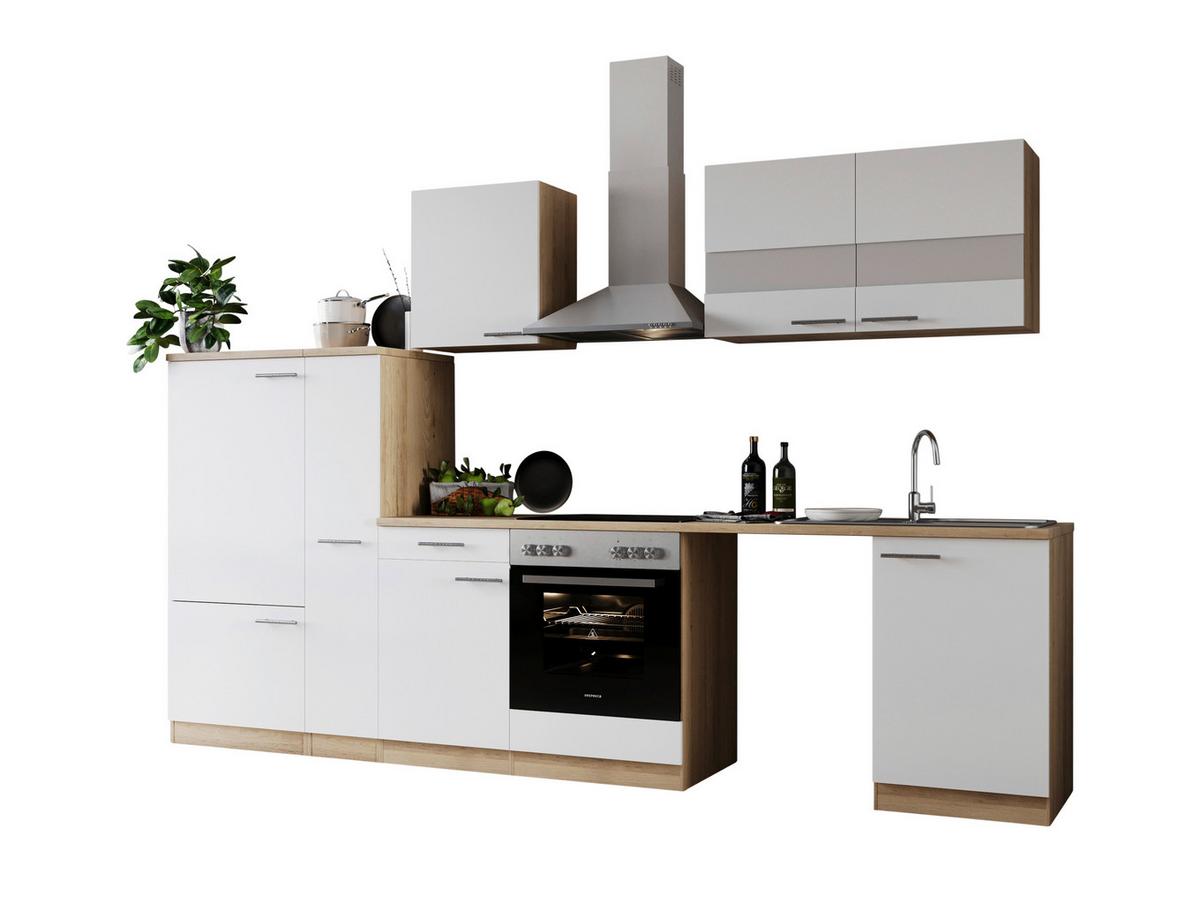 Küchenblock Merle m. Geräten Weiß - Edelstahlfarben/Eichefarben, Basics, Glas/Holzwerkstoff (310cm) - Respekta