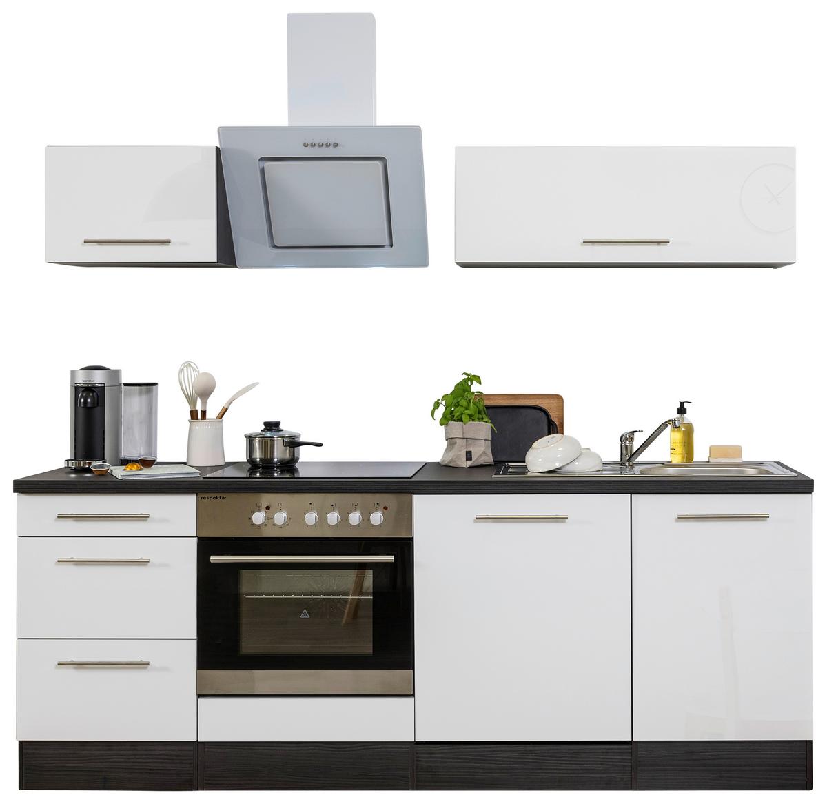 Küchenzeile Weiß Hochglanz/ Grau m. Geräte B: ca. 220 cm - Alufarben/Weiß, Basics, Holzwerkstoff (220cm) - Respekta