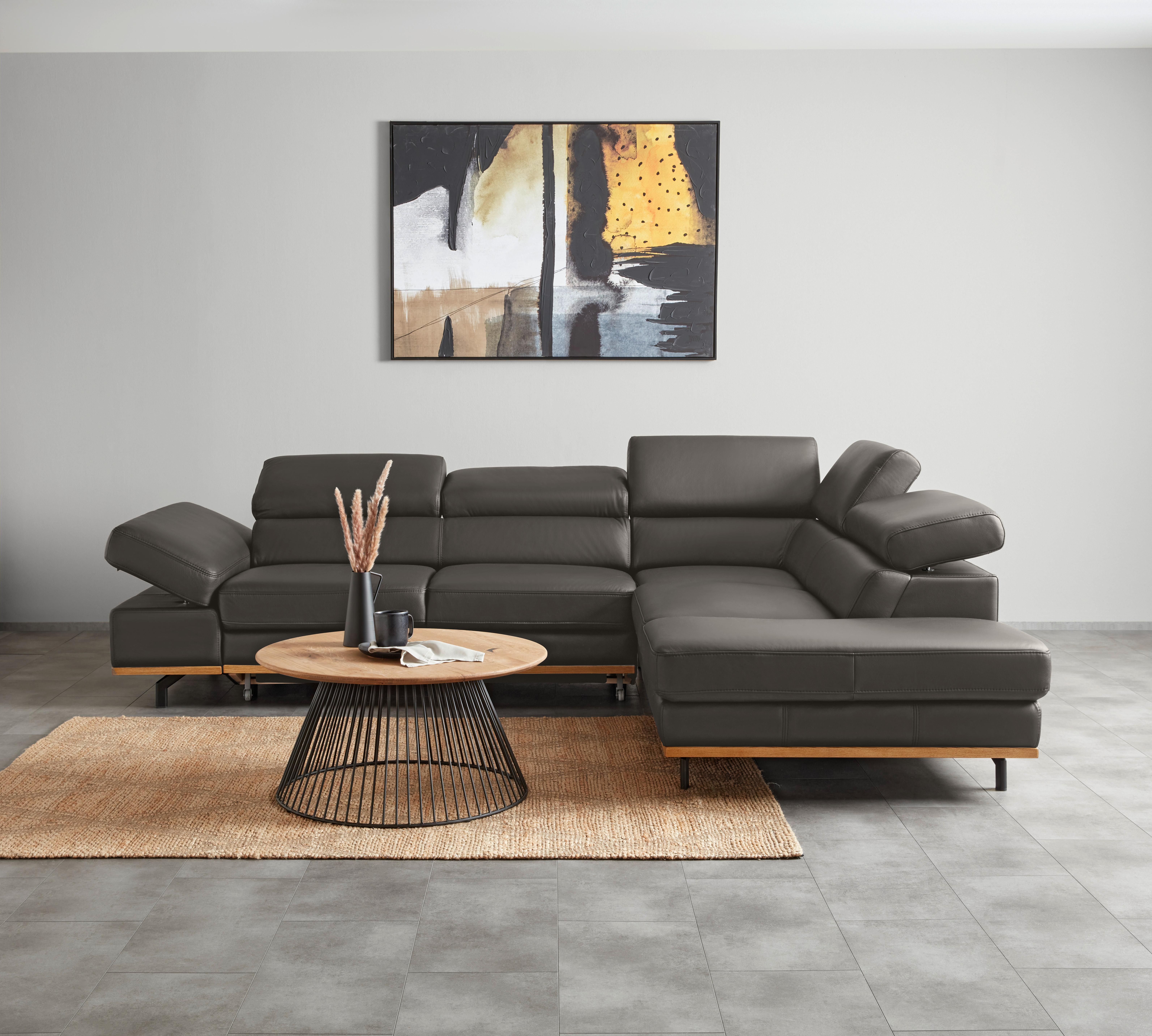 Wohnlandschaft Carmen rechts Graublau - Graublau/Schwarz, MODERN, Leder/Holz (292/72/226cm) - Premium Living