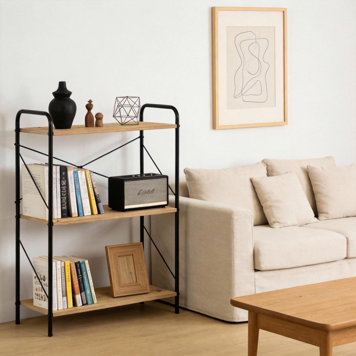 Regal Tim 3, Barva Hrasta, Črna - črna/hrast artisan, Trend, kovina/leseni material (63/89/30cm)