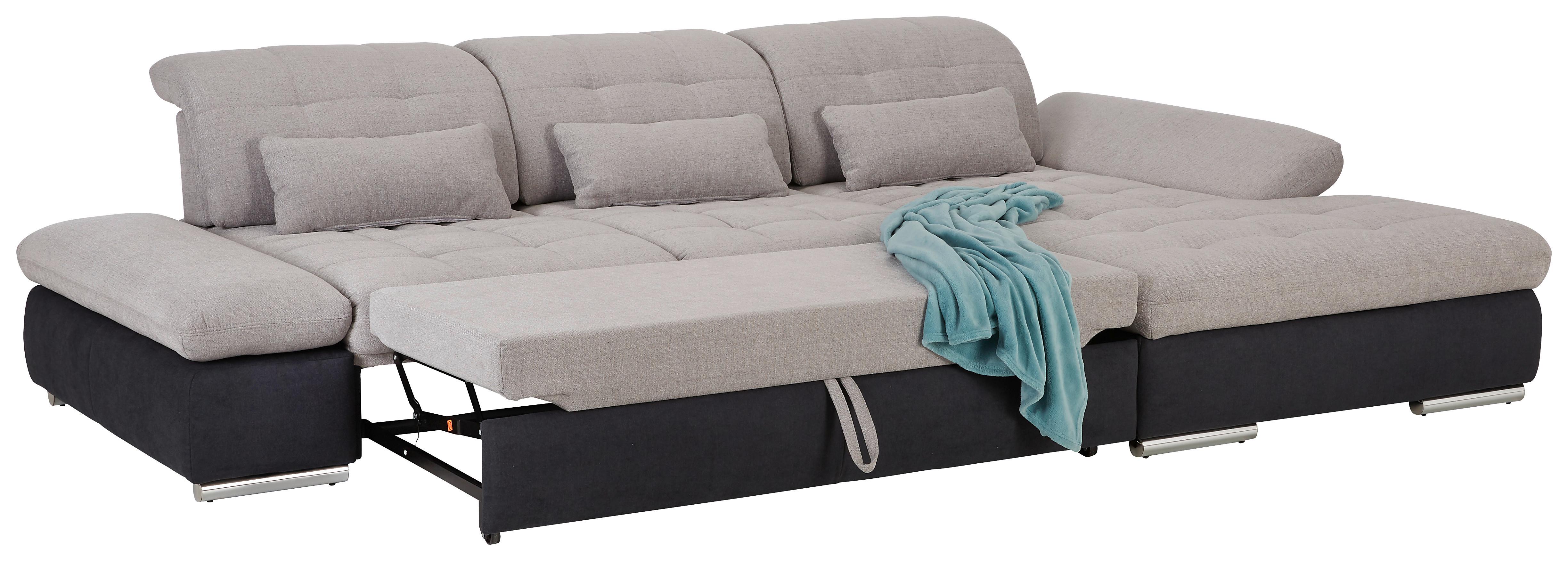 Ecksofa in Grau mit Bettfunktion - Chromfarben/Dunkelgrau, Modern, Metall (305/187cm) - Premium Living