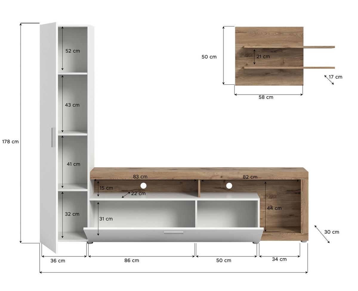 Dnevni Regal Cross, Barva Hrasta, Bela, 3-Delno - črna/barve hrasta, Design, umetna masa/leseni material (218/178/31cm) - Livetastic