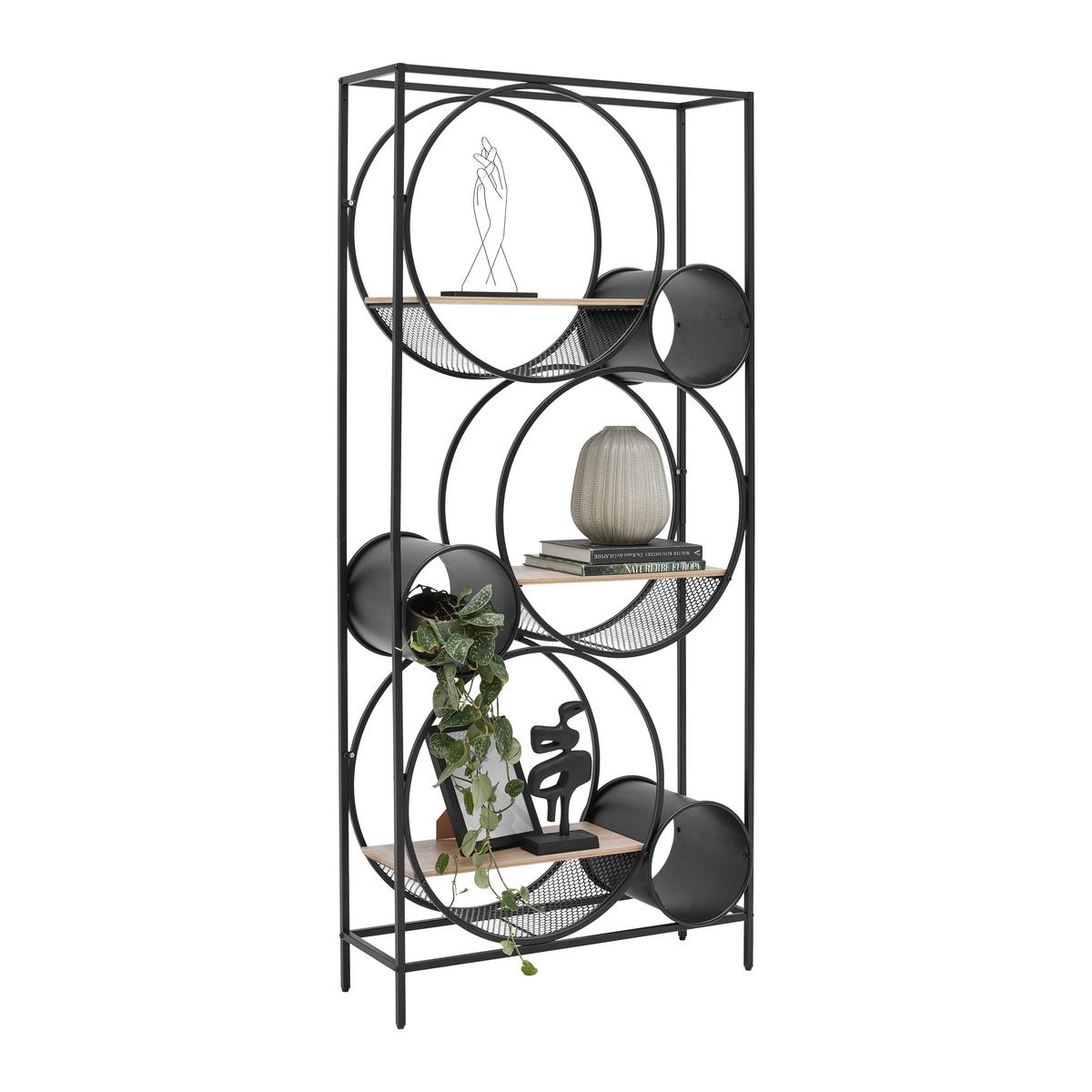 Regal Circle Naturfarben/Schwarz aus Metall - Schwarz/Naturfarben, MODERN, Holzwerkstoff/Metall (84/186/30cm) - Premium Living