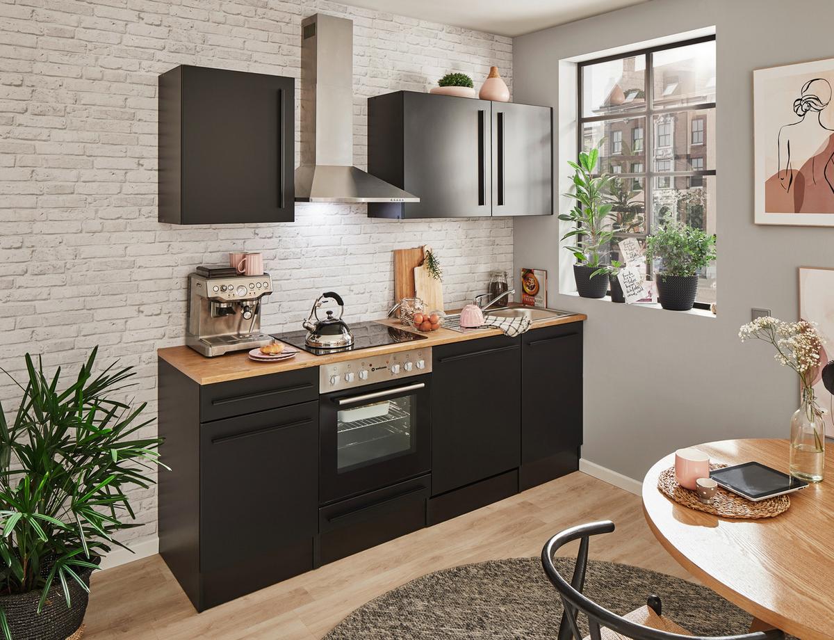 Küchenblock Jazz mit Geräten ca.220 cm Schwarz - Eichefarben/Schwarz, LIFESTYLE, Holzwerkstoff/Kunststoff (220/211/60cm) - P & B