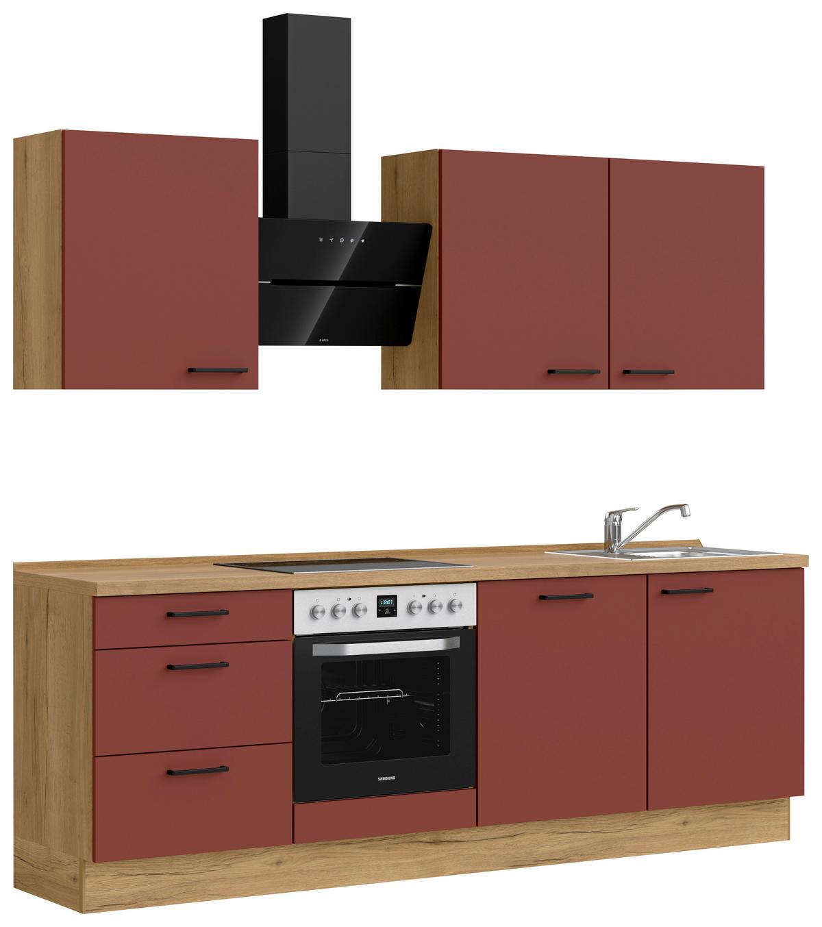Küchenblock Easytouch High m. Geräten Dunkelrot - Eichefarben/Schwarz, MODERN, Holzwerkstoff/Metall (240cm) - Nobilia