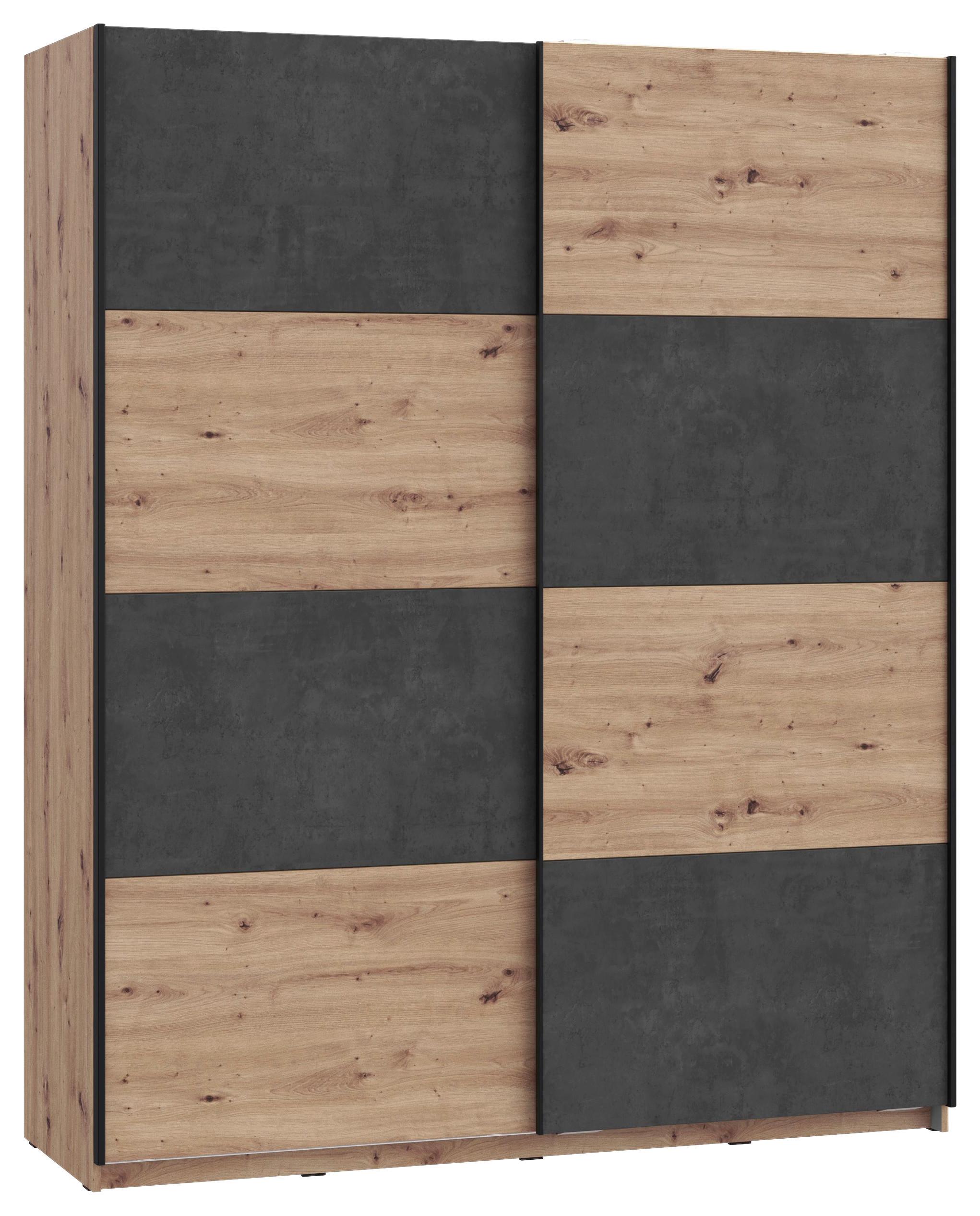 Omara Z Drsnimi Vrati Raven, Barva Hrasta, Temno Siva - temno siva/črna, Design, kovina/leseni material (170/210/61cm) - Carryhome