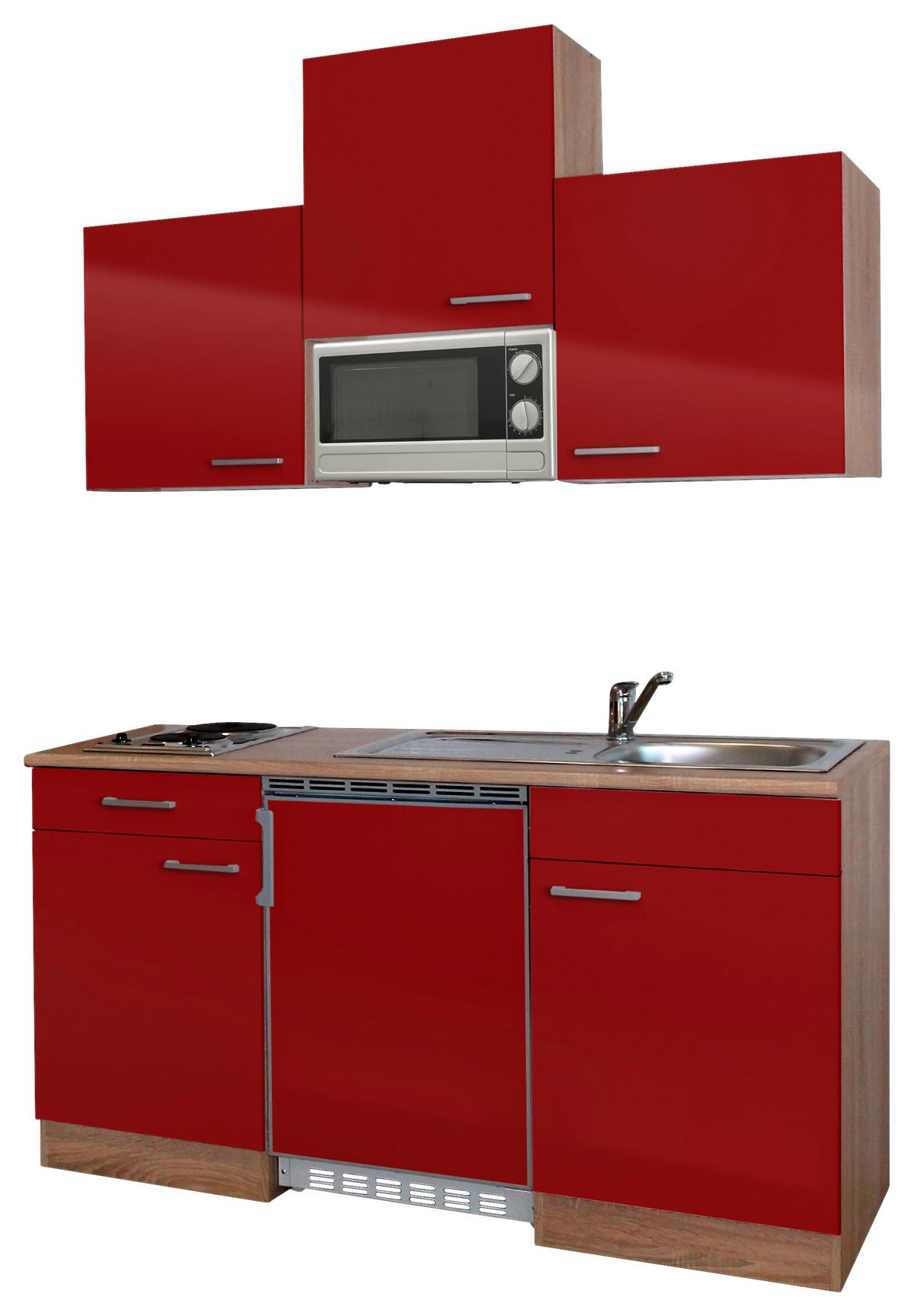 Miniküche Economy m. Geräten B: ca. 150cm Rot/Eichefarben - Rot, Basics, Holzwerkstoff (150cm) - Respekta