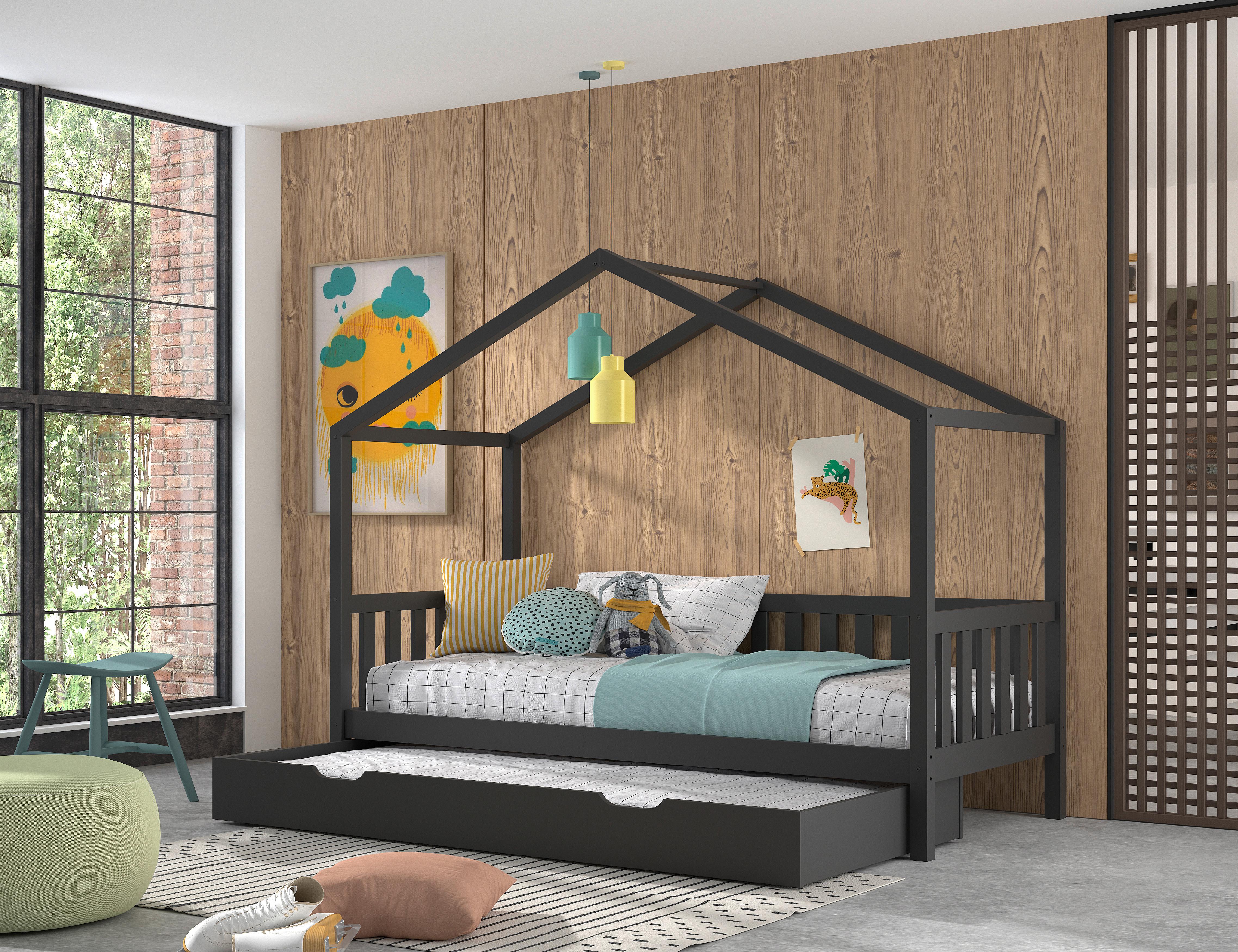 Hausbett DALLAS Anthrazit ca. 90x200 cm mit Bettlade - Anthrazit, ROMANTIK / LANDHAUS, Holz (90/200cm) - Vipack