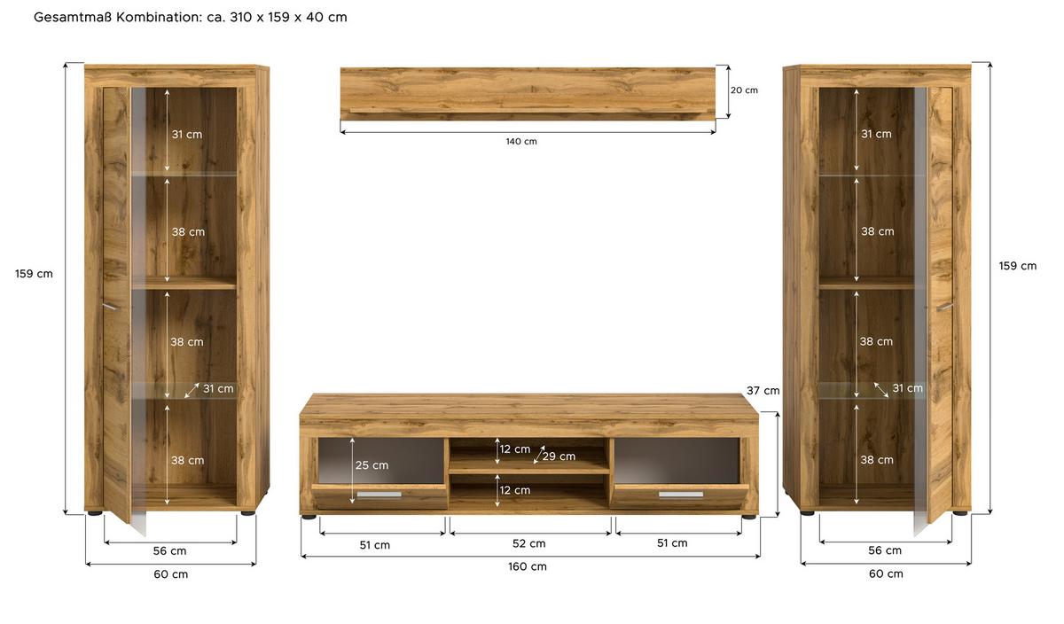 ANSAMBLU MOBILIER CAMERA DE Z JAM - stejar Wotan, Design, sticlă/material pe bază de lemn (310/159/35cm) - Modern Living