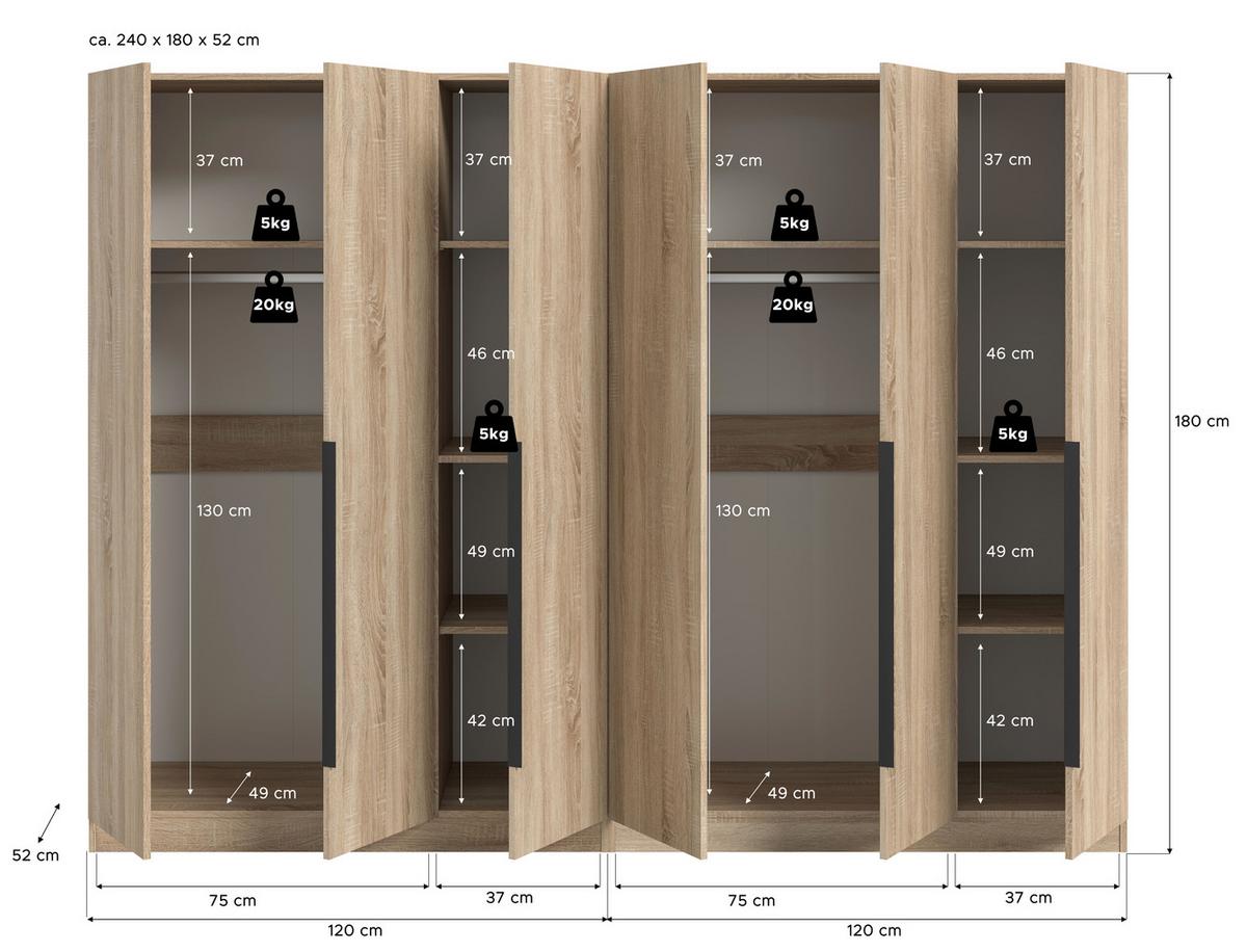 Drehtürenschrank KOPENHAGEN ca.240x181x52cm Sonoma Eiche - Sonoma Eiche, MODERN, Holzwerkstoff (240/181cm) - MID.YOU