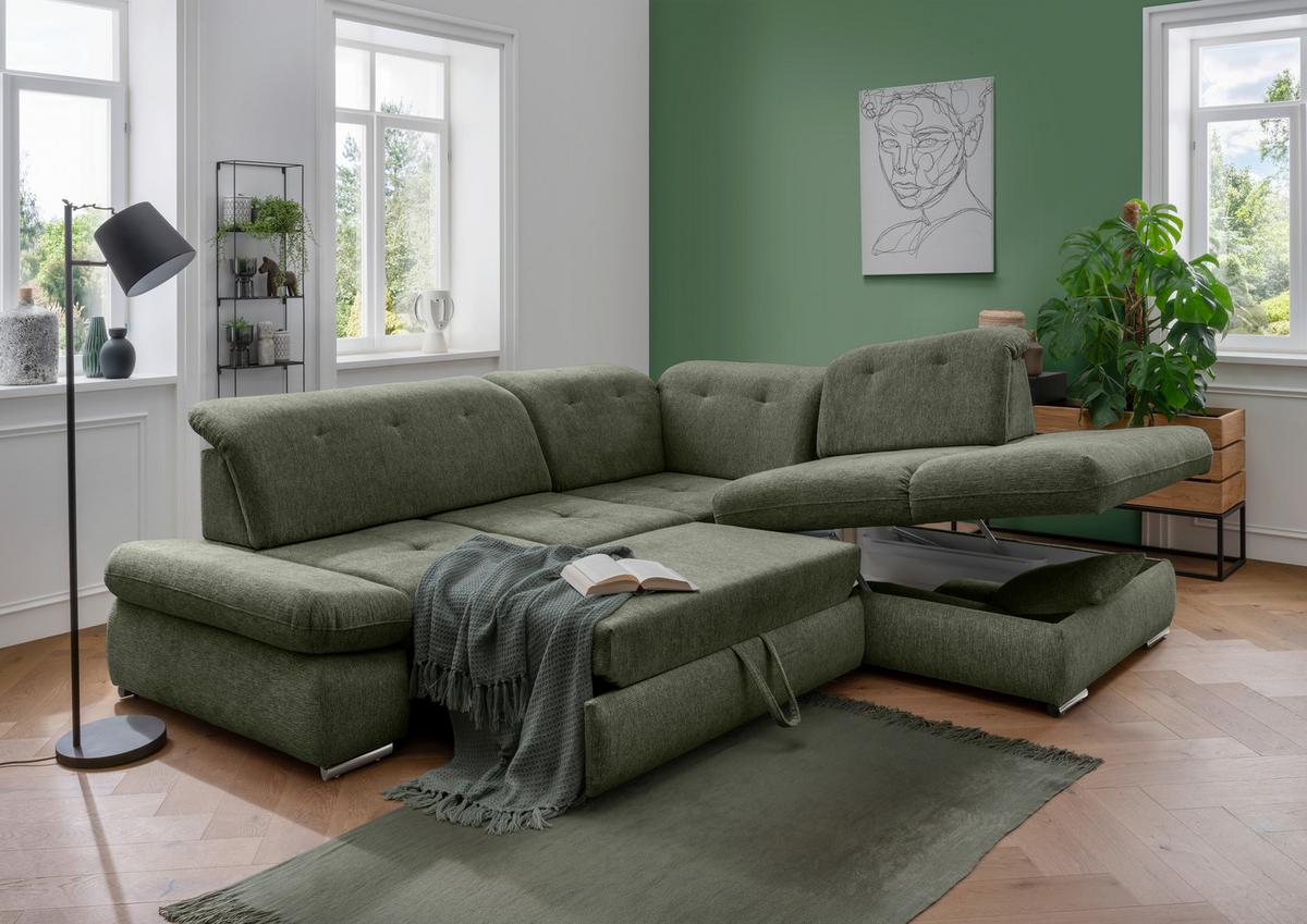 Ecksofa Dalida Dunkel Grün Chenille m. Bettkasten - Chromfarben/Dunkelgrün, Design, Textil/Metall (280/254cm) - Livetastic