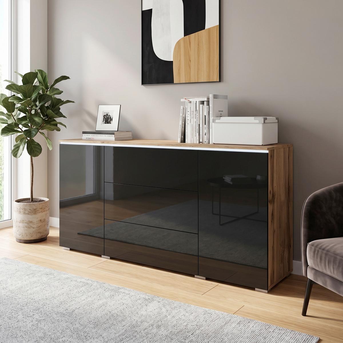 Sideboard Vera mit LED ca. 150 cm Schwarz/Eiche Wotan - Schwarz Hochglanz/Eiche Wotan, LIFESTYLE, Holzwerkstoff/Kunststoff (150/67,9/39,5cm) - P & B