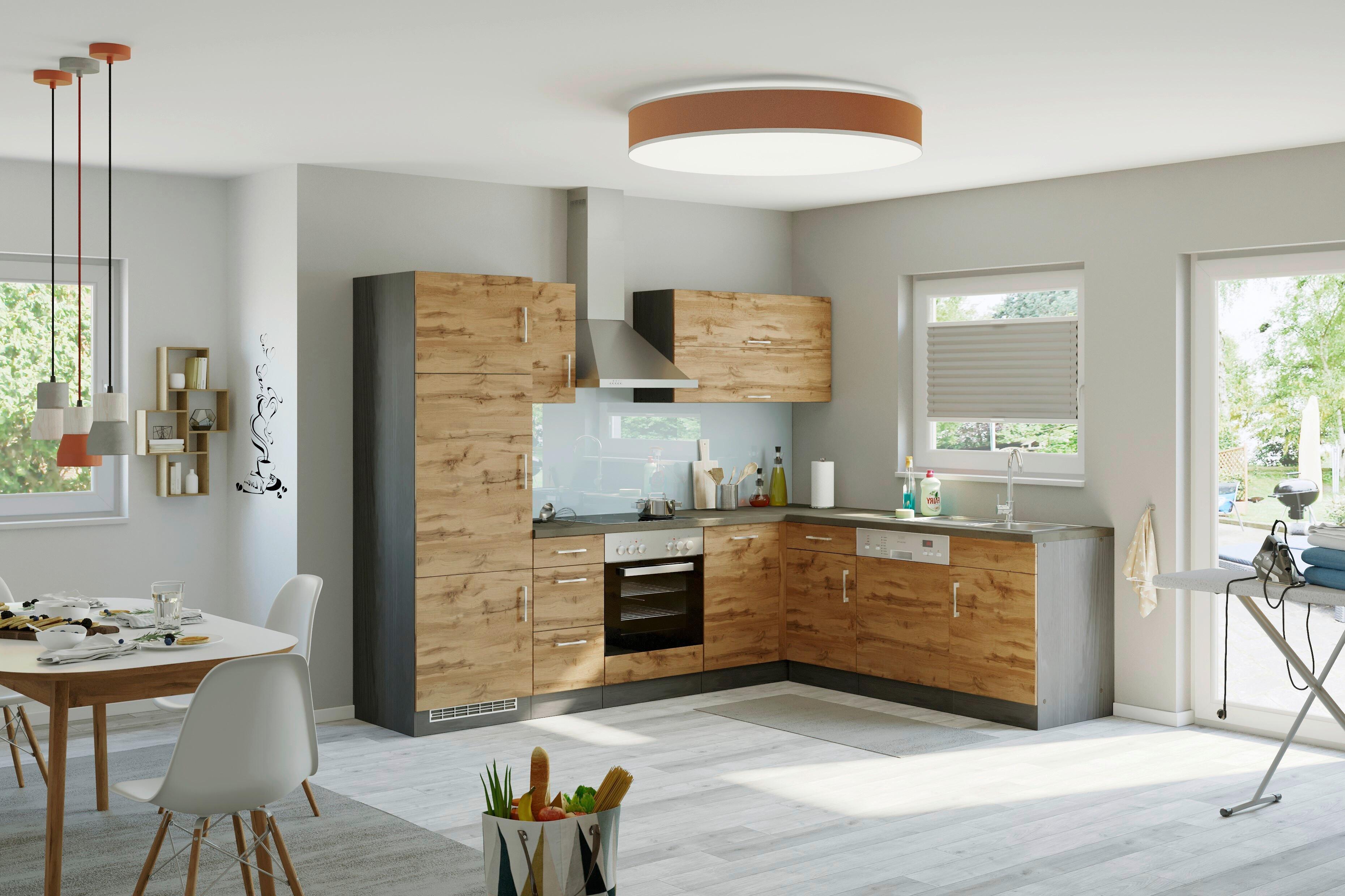 Eckküche Winkelblock mit Geräten ca. 210x270 cm Eiche - Chromfarben/Schieferfarben, MODERN, Holzwerkstoff/Metall (210/270cm) - Held