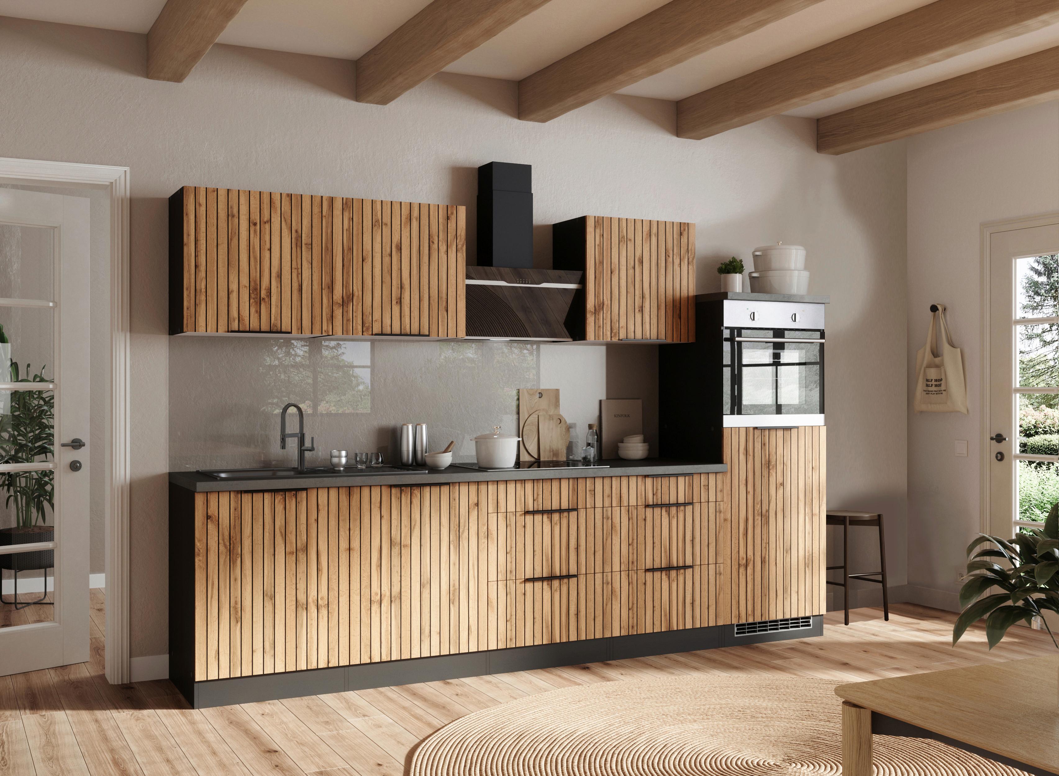 Küchenblock Liverpool m. Geräte Schwarz/Eichefarben - Schieferfarben/Eiche Wotan, Basics, Holzwerkstoff/Metall (300cm) - Held