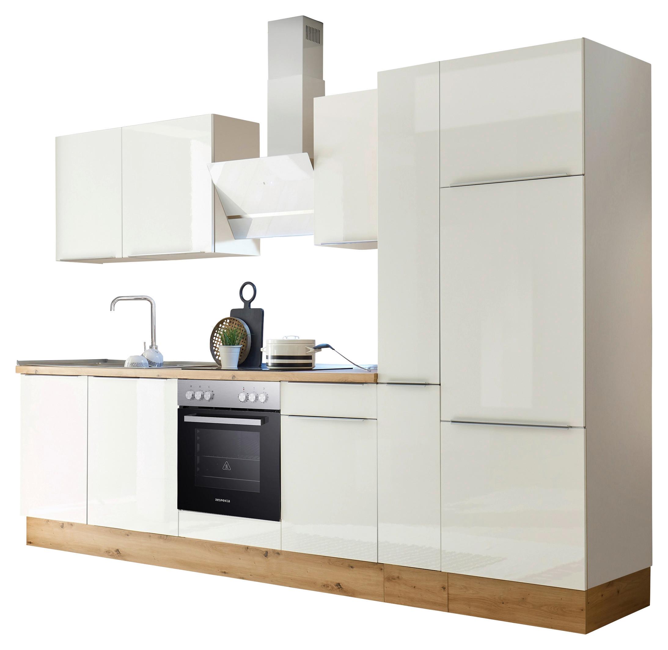 Küchenblock Marleen m. Geräten Weiß Hochglanz B: ca. 310cm - Weiß Hochglanz/Alufarben, LIFESTYLE, Holzwerkstoff/Kunststoff (310/211/60cm) - Respekta
