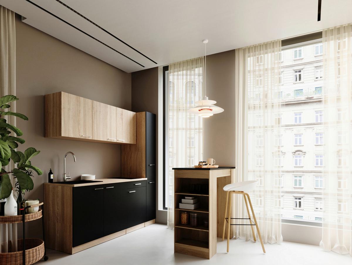 Küchenblock Ingrid m. Gerät Schwarz - Eichefarben/Schwarz, Design, Holzwerkstoff/Kunststoff (180cm) - Respekta
