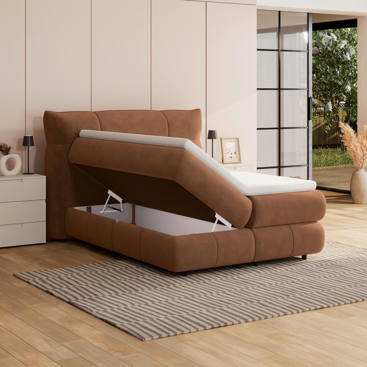 Boxspring Krevet Carmelo - bakrene boje/crna, Trend, tekstil/plastika (140/200cm) - Premium Living