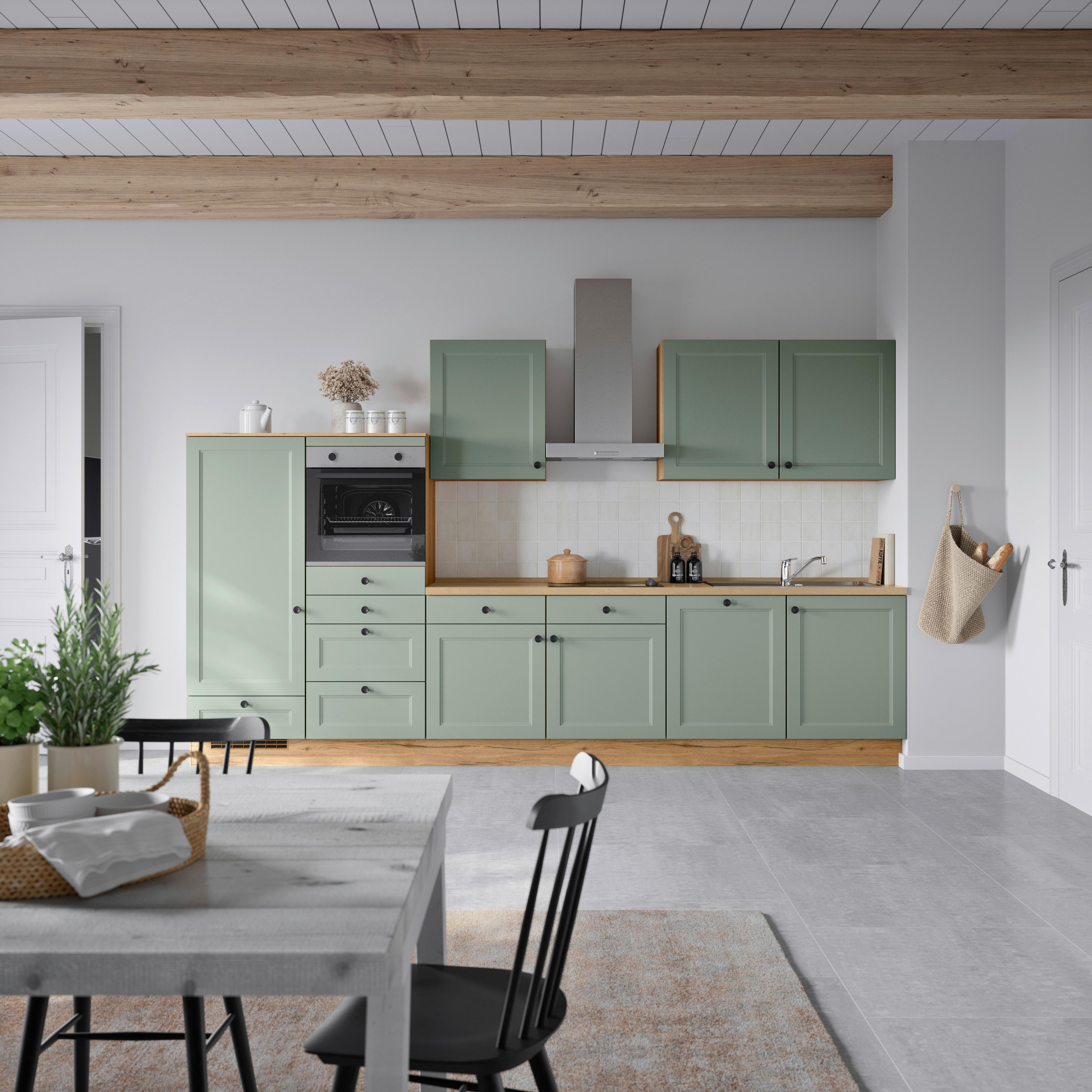 Küchenblock Cascada Low m. Geräten Schilfgrün - Schilfgrün/Eichefarben, MODERN, Holzwerkstoff/Metall (360cm) - Nobilia