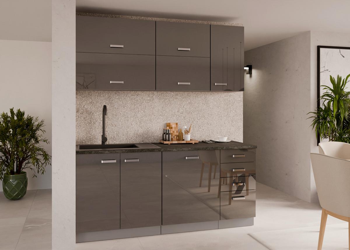 Blok Kuhinja Grey - siva visoki sjaj/boja hroma, Moderno, metal/pločasti materijal (180/214/60cm) - Modern Living