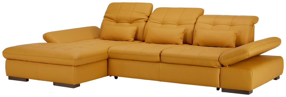 Wohnlandschaft Sanfino Leder Currygelb - Currygelb/Chromfarben, KONVENTIONELL, Leder/Metall (199/79-96/305cm) - Premium Living