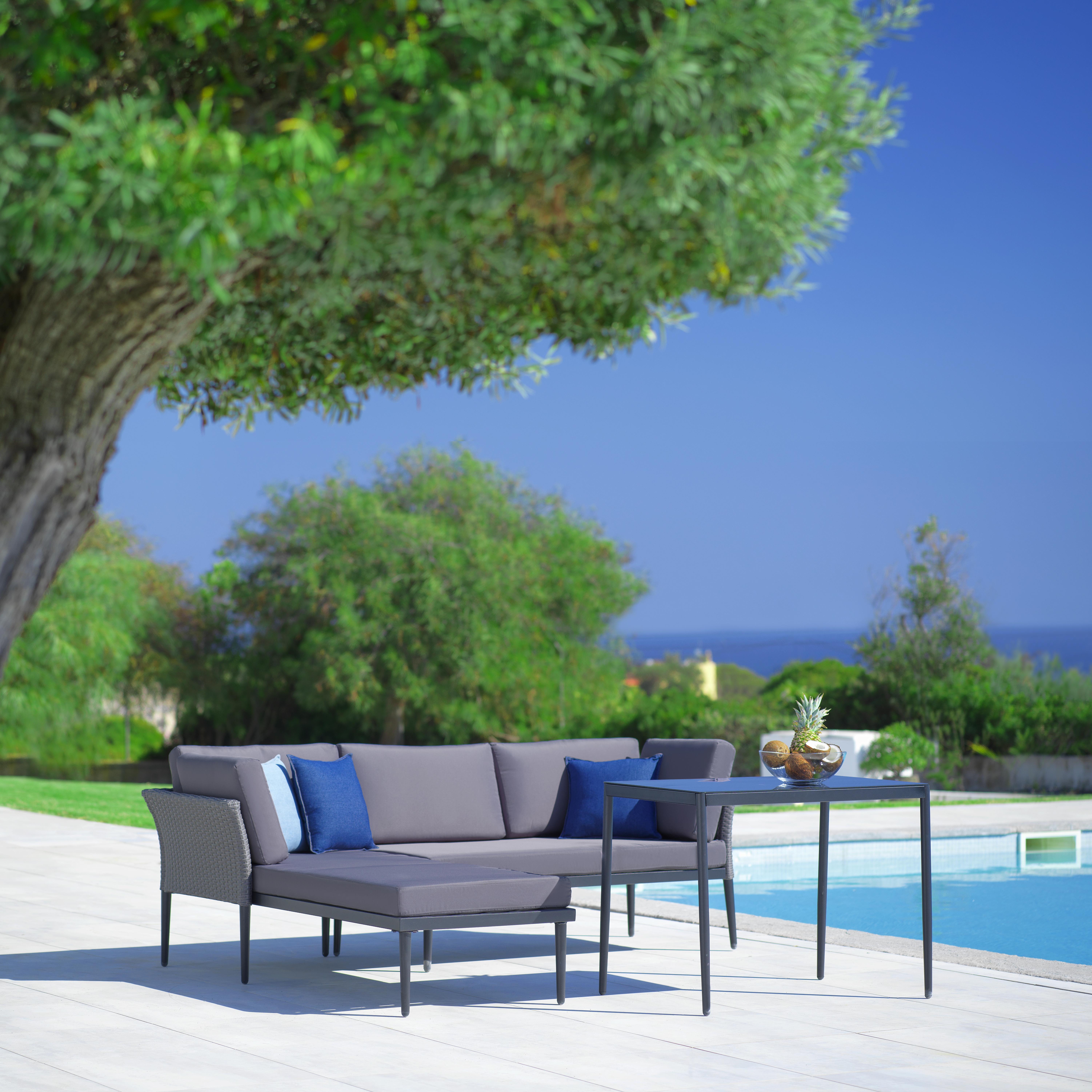 Loungegarnitur Madlen in grau/dunkelgrau inkl. Tisch - Dunkelgrau/Grau, MODERN, Glas/Kunststoff (215/175cm) - Bessagi Garden