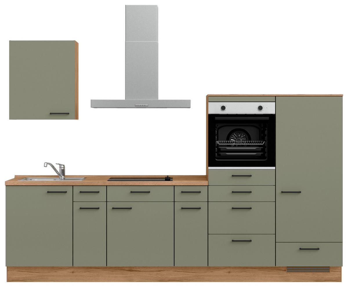 Küchenleerblock Senso Low o. Geräte Olivgrün - Eichefarben/Schwarz, MODERN, Holzwerkstoff/Metall (300cm) - Nobilia
