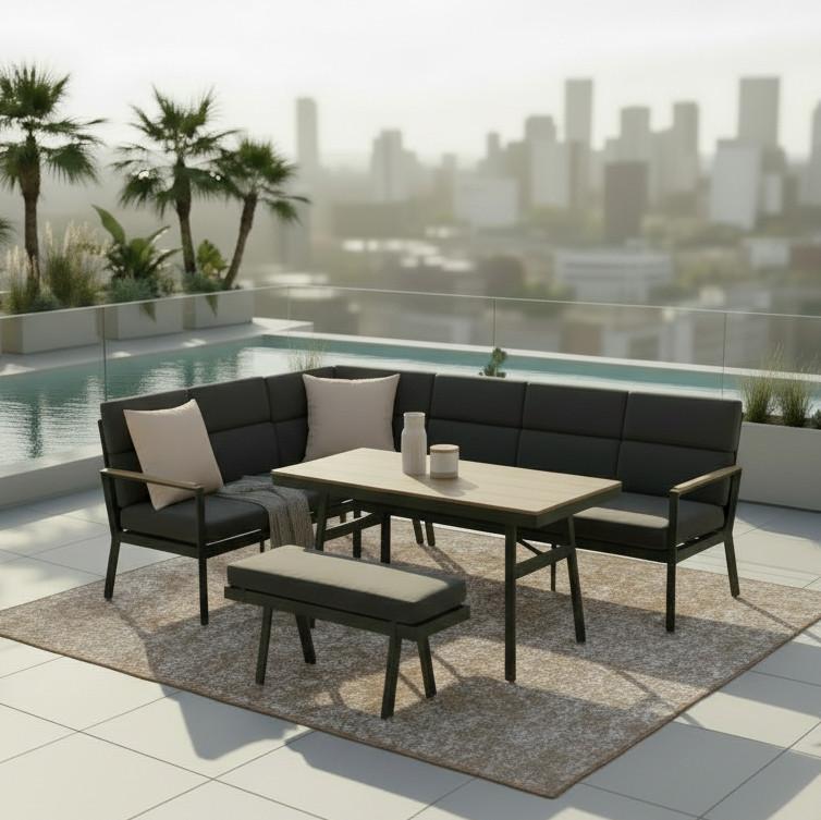 Dining-Loungeset Eleonora Dunkelgrau Metall/Outdoorstoff - Dunkelgrau/Naturfarben, MODERN, Kunststoff/Textil (263/84/77cm) - Bessagi Garden