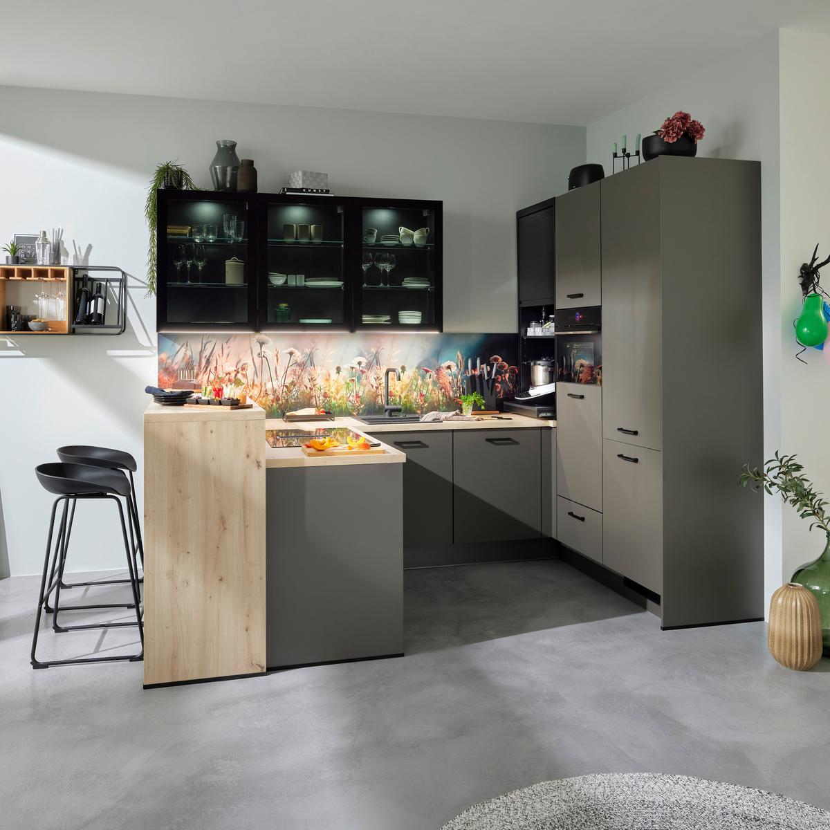 Einbauküche IP3150 in Braun/Schwarz - Schwarz/Braun, Holzwerkstoff (190,6/314,4cm) - Impuls