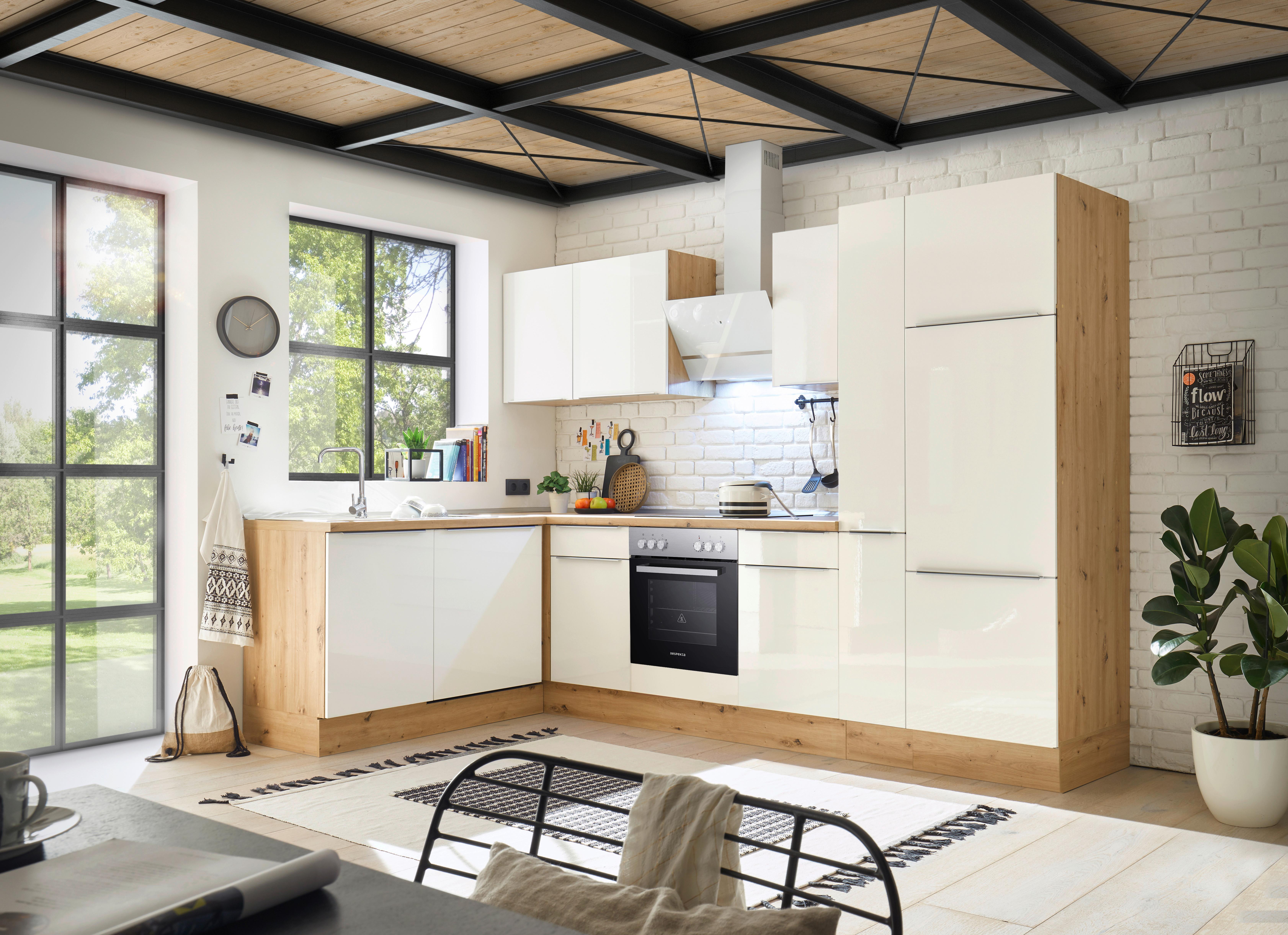 Eckkücke Marleen mit Geräten Weiß/Eiche ca. 310x170 cm - Weiß Hochglanz/Alufarben, LIFESTYLE, Holzwerkstoff/Kunststoff (170/310cm) - Respekta